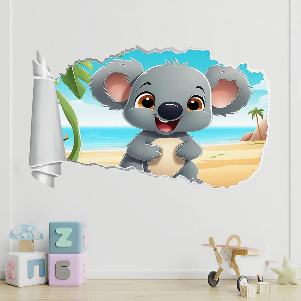 Decalcomania Fracassata 3D, Animali Koala Adesivo staccabile e adesivo rimovibile, Paesaggio Della Spiaggia Tatuaggio da parete Ragazze Camera da letto Decor Mural Home Decor