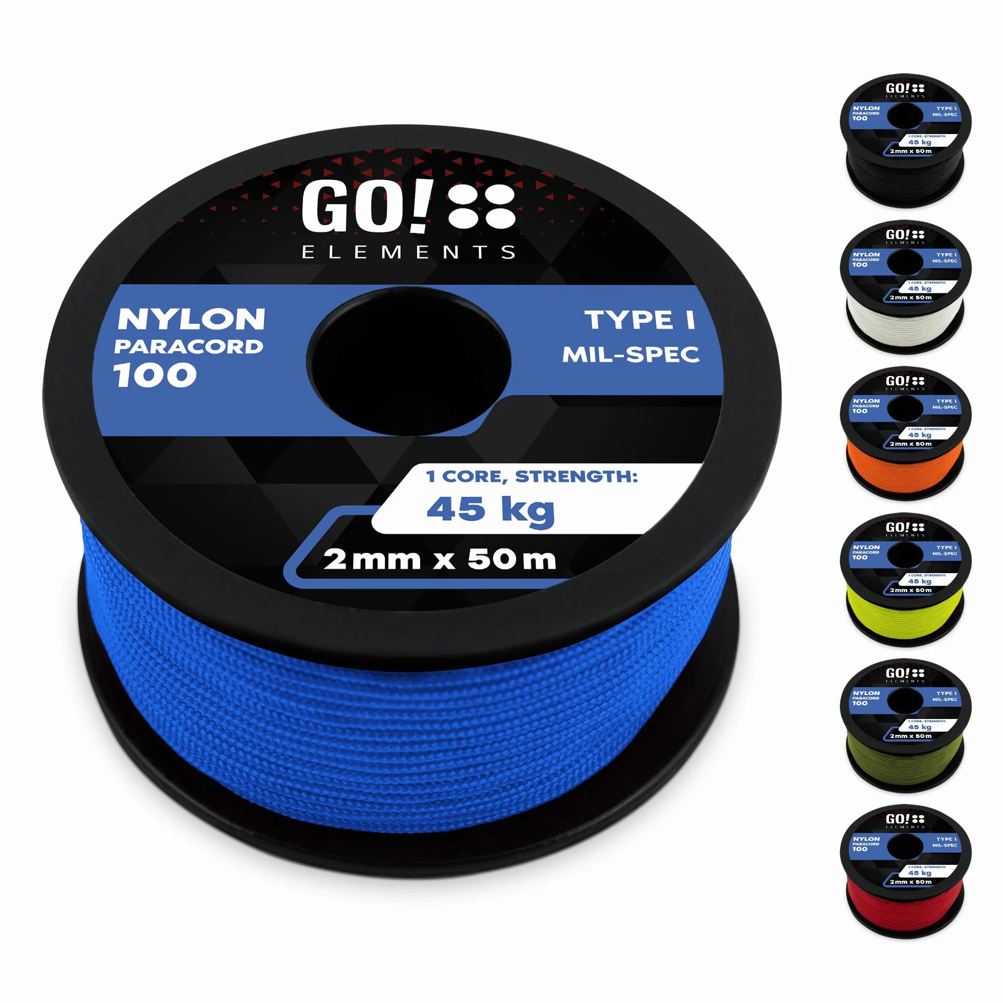 GO!elements 50m Paracord 2mm in corda di nylon antistrappo - Corda di sopravvivenza Paracord 100 Tipo I - antistrappo e caricabile fino a 45kg, Colore: Blu
