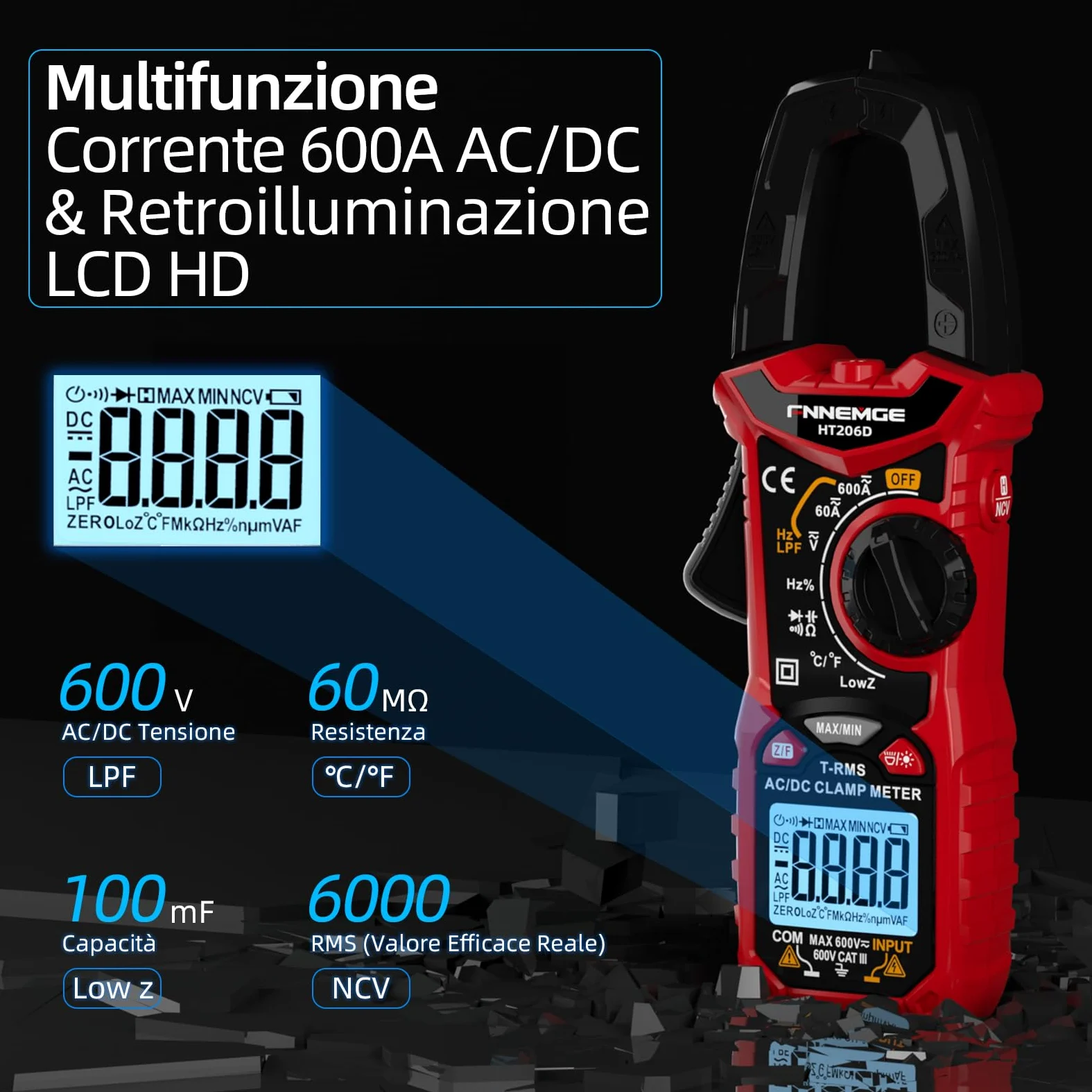 FNNEMGE HT206D - Pinza amperimétrica, Misuratore di Corrente DC/AC: 0-600A, Multimetro a pinza True-RMS 6000 Counts auto-Classificazione, Misura la Capacità di Passaggio (Corrente AC/DC)