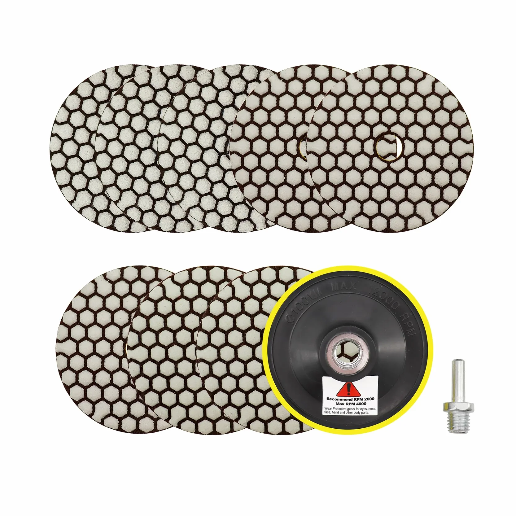 Diamantato Tamponi di Lucidatura Secco - 100mm 8pezzi Grana 50x3/100x3/200x2 con M14 Platorello+Adattatore per Granito Marmo Pietra Artificiale Quarzo per Smerigliatrice Angolare SANLEETEK