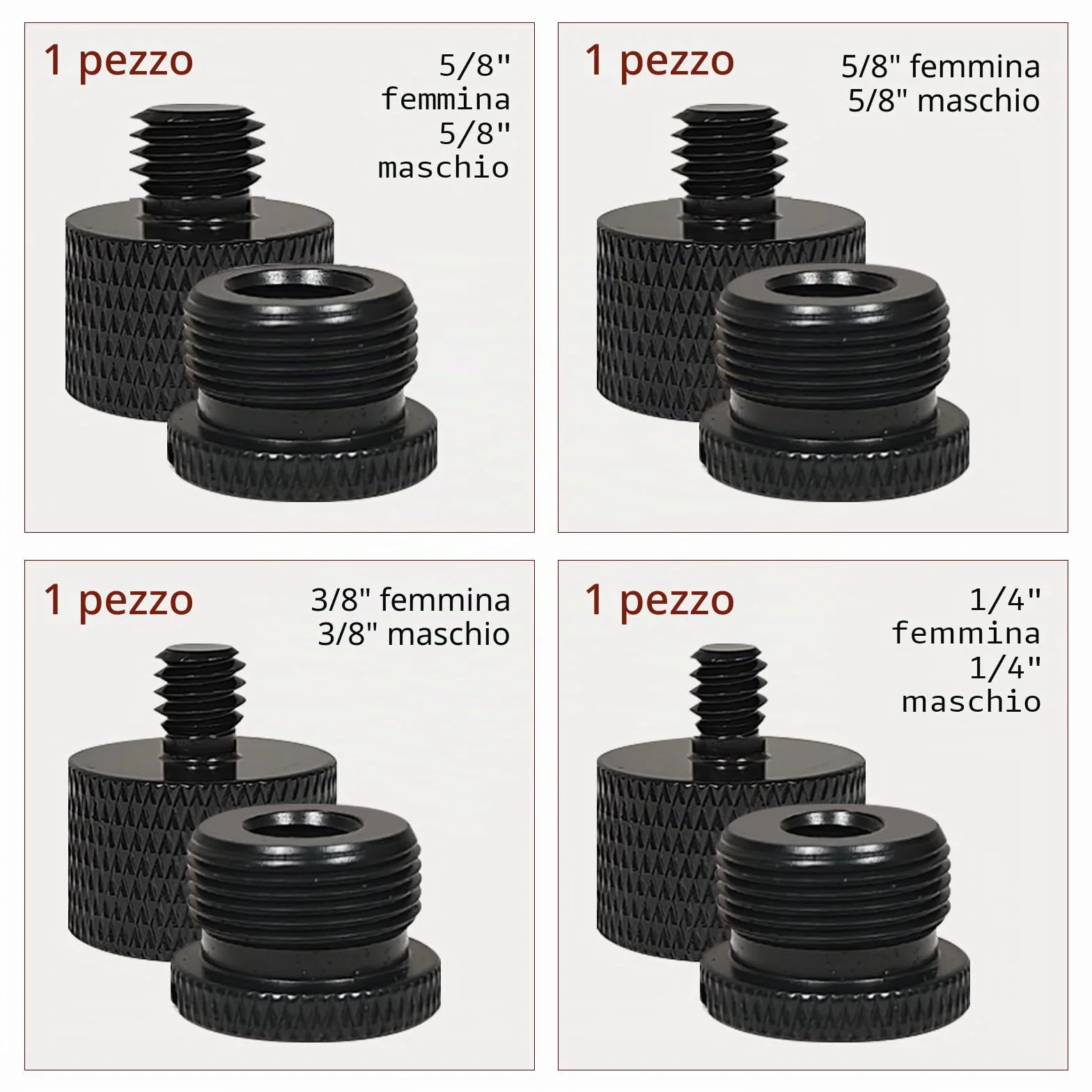 8 pezzi a 5/8to3/8, 3/8to5/8, 5/8to1/4, 1/4to5/8 femmina x filettatura maschio per supporto microfono a adattatore treppiede fotocamera