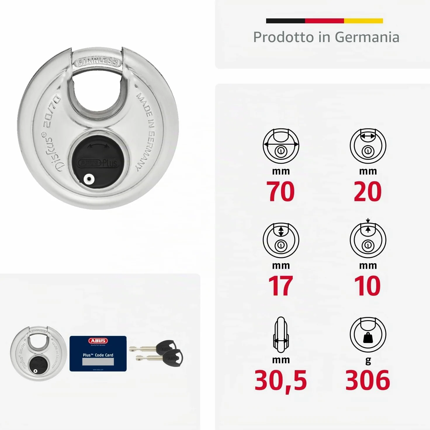 ABUS Lucchetto Diskus 20/70 - Sicurezza Livello 9, Impermeabile | Corpo e arco in acciaio inox - cilindro ABUS-Plus anti-manipolazione - 70x70x30,5 mm - protezione sporco e spruzzi