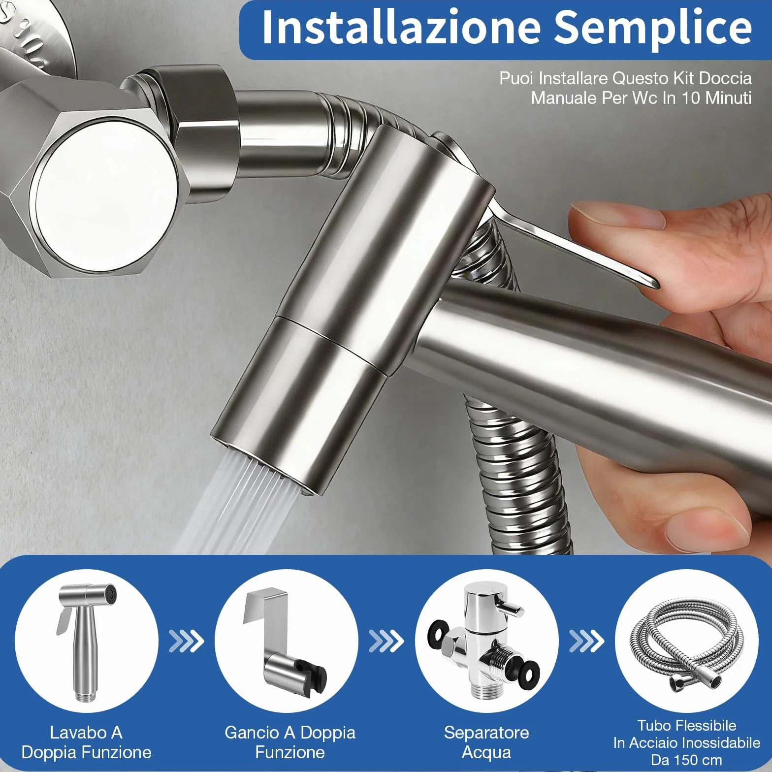Set Doccetta per Bidet Idroscopino WC Tubo Flessibile 1,5m Supporto Adattatore Argento