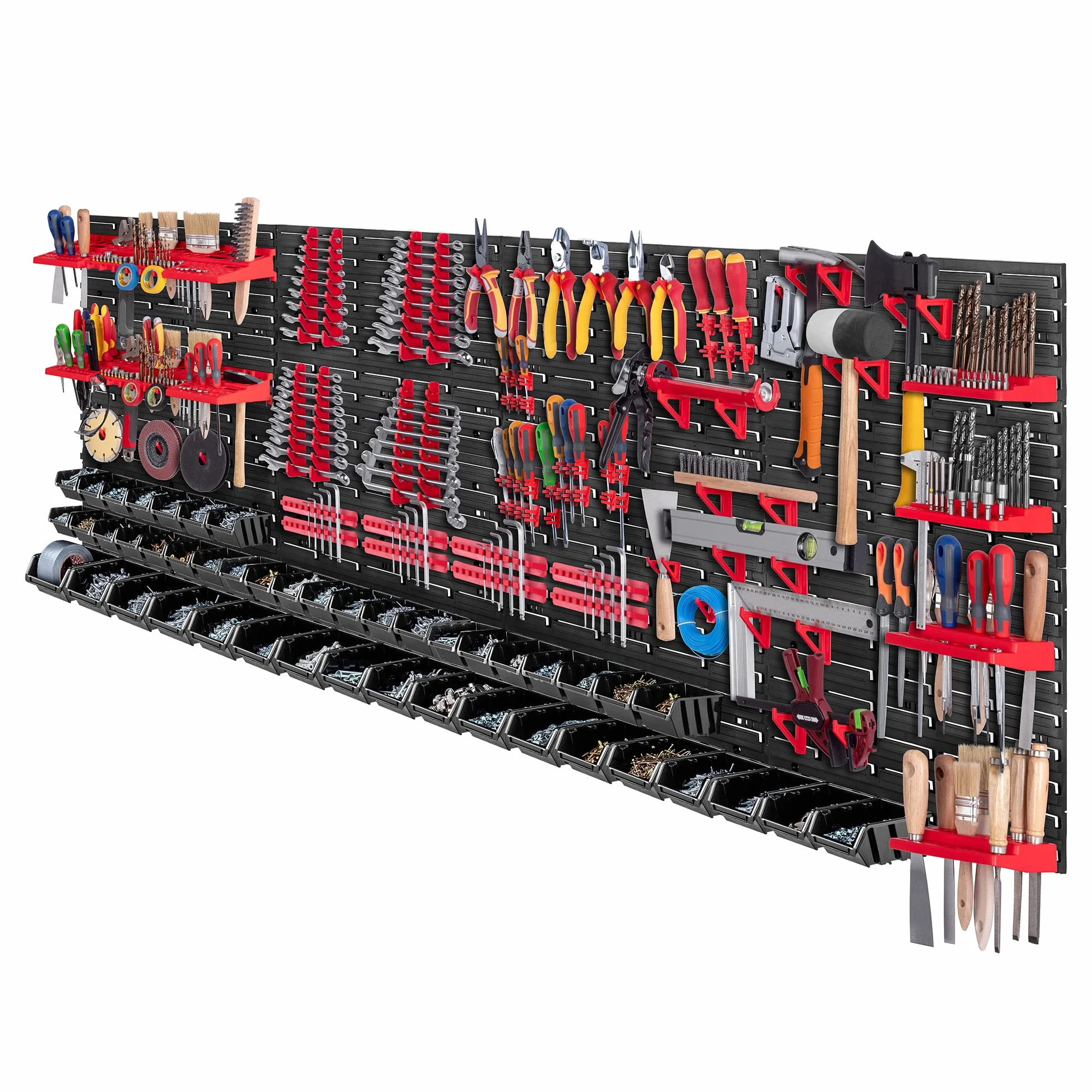 KADAX Scaffale da parete per attrezzi, grande, 232 x 78 cm, in plastica robusta, sistema modulare resistente ai raggi UV, pannelli da parete espandibili, scaffale (rosso e nero, 132 pezzi)