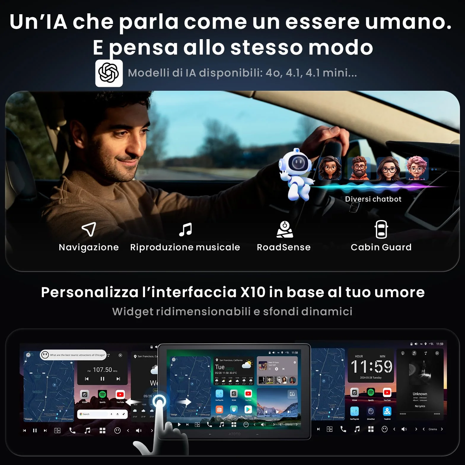 ATOTOZONE X10 10" Autoradio Android, Schermo Flottante, 1 DIN / 2 DIN, AI Agent & AI Vision, LiveView Re-moto, Sorveglianza Parcheggio, 4G LTE, 8G+128G, Audio 7.1.2 ch,CarPlay & Android Auto Wireless