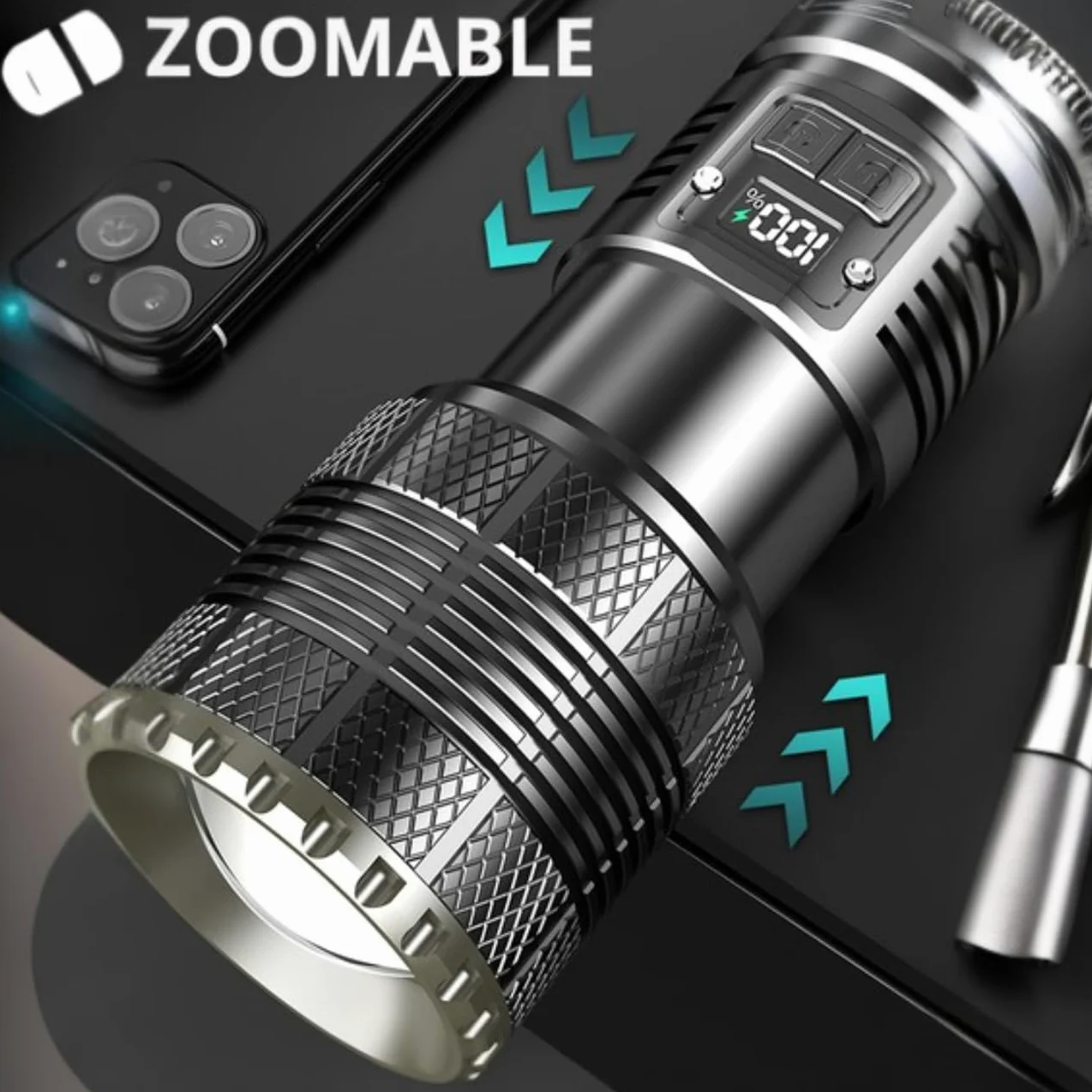 Torcia ricaricabile, 12000 lumen, torcia LED super luminosa con luce da lavoro COB, ad alta potenza, potente torcia portatile per emergenze, campeggio, escursionismo (nero)