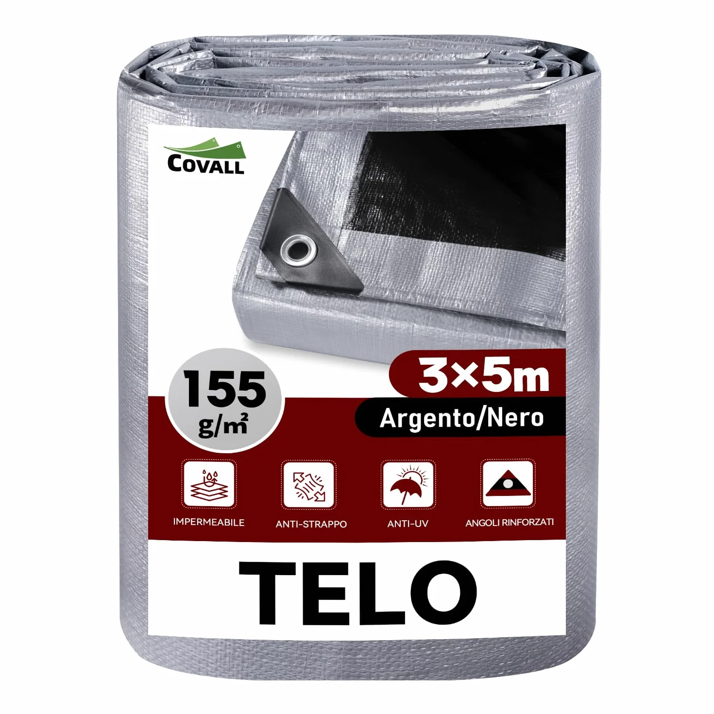 Telone Impermeabile Esterno 3x5m 155 gr/mq, HDPE Rinforzato Occhiellato Anti-UV – Telo Copritutto Antipioggia Antivento per Piscina Auto Giardino Campeggio, Argento Nero