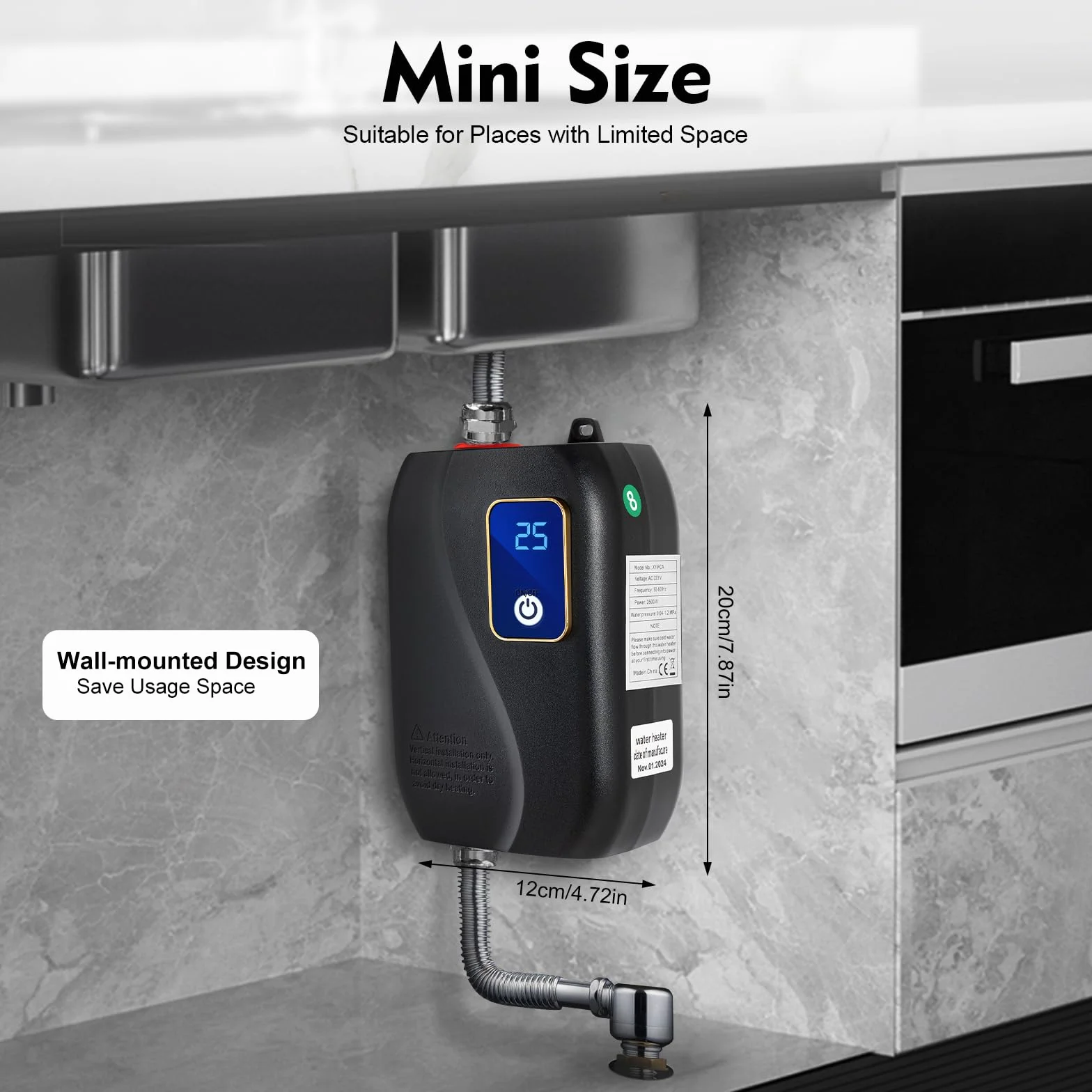 Scaldacqua elettrico, 3500 W, scaldabagno senza serbatoio, con connettore standard, piccolo scaldabagno sottolavello, per cucina familiare, 12 x 20 cm, nero