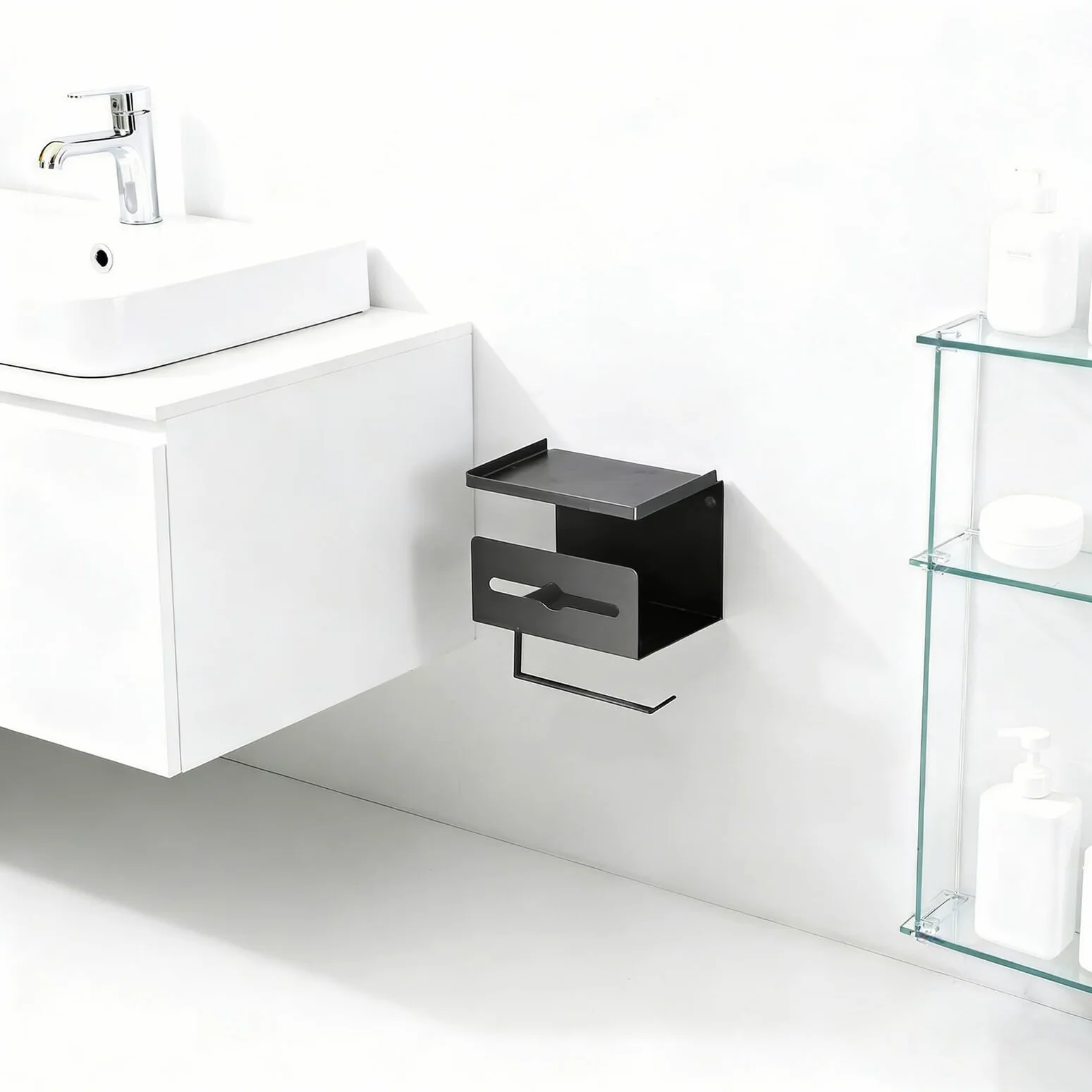 Portarotolo Carta Igienica da Muro con Mensola Telefono | Acciaio al Carbonio, Doppio Strato, Design Moderno, Montaggio a Parete, Uso Bagno e Casa