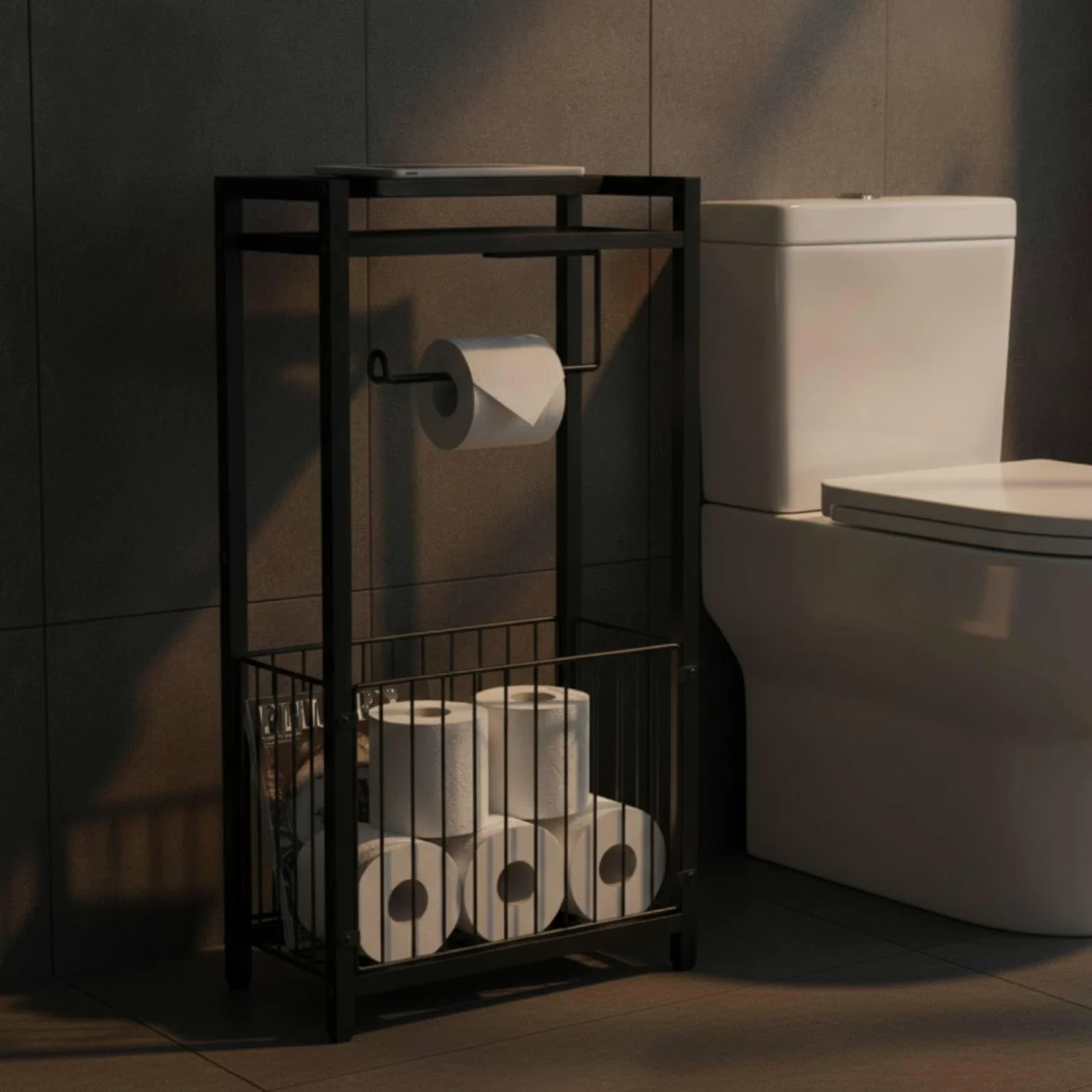 predolo Porta Carta Igienica da Terra in Metallo Portarotolo da Terra Compatto Piantana Bagno, Nero