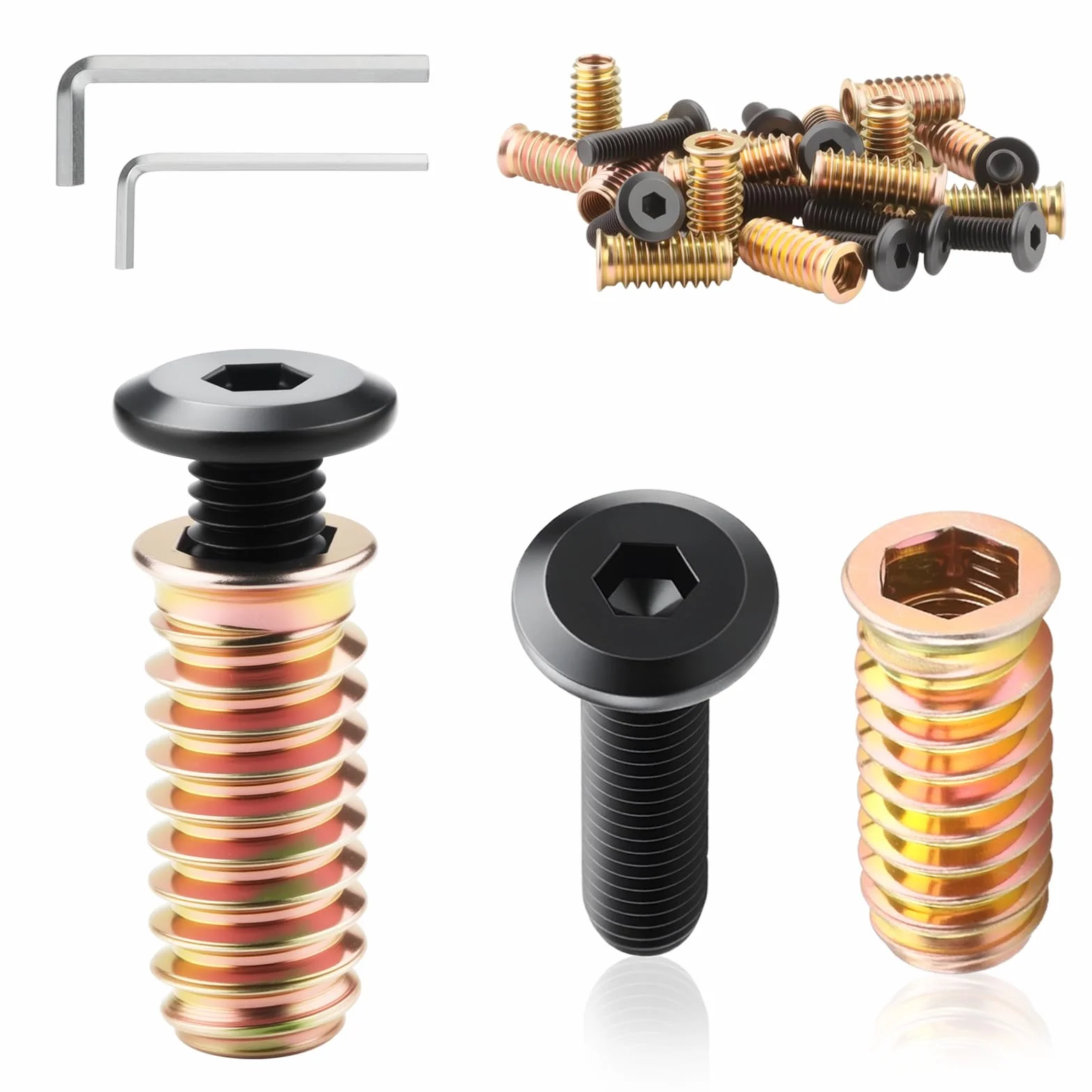 25 viti a testa piatta M4 x 15 mm, dado a vite M4, inserto filettato in legno, con viti a esagono incassato in acciaio C e 2 chiavi a testa piatta per mobili in legno