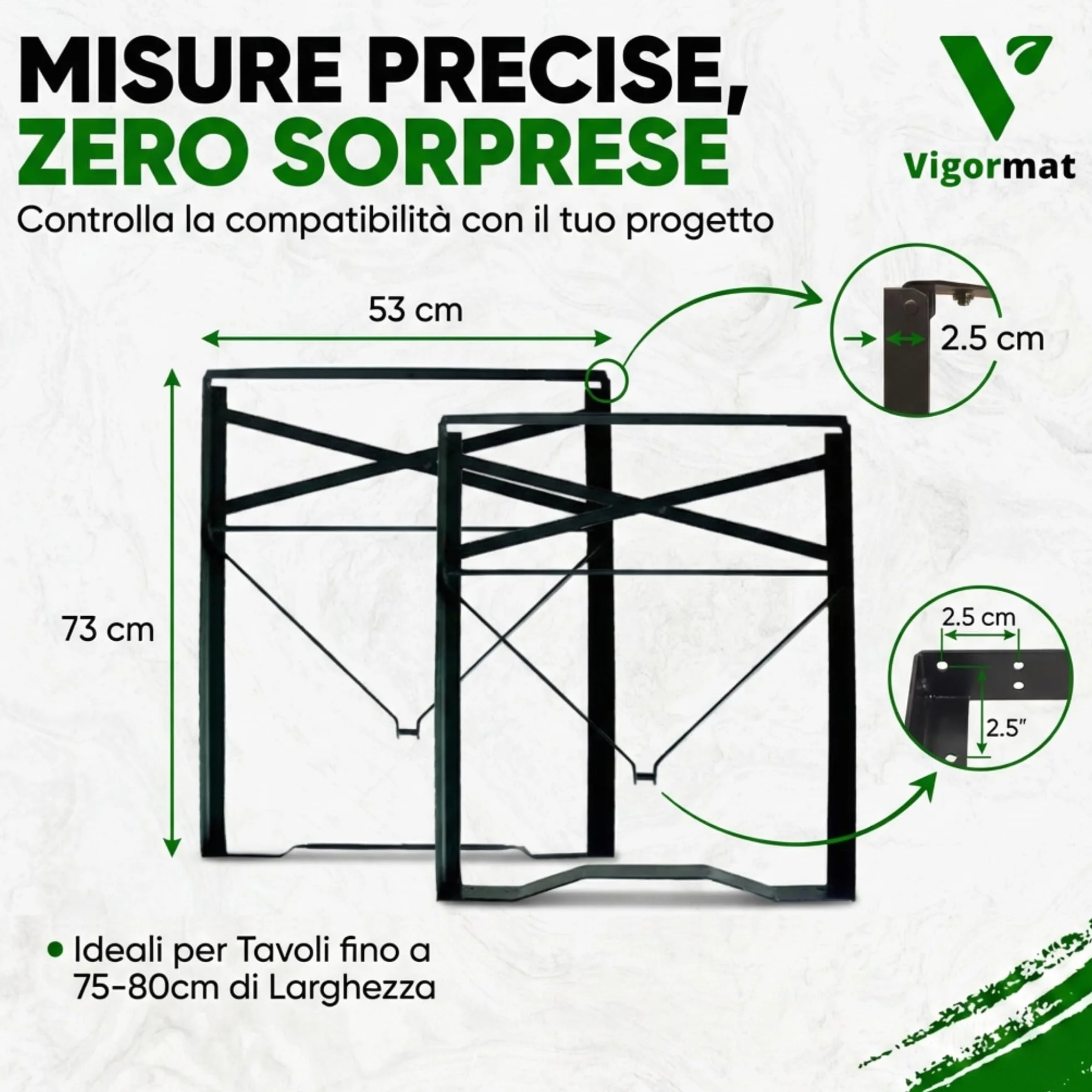 Gambe Pieghevoli per Tavolo in Metallo 73x53 cm, Ferro, Kit Fissaggio Incluso - 2 Gambe + Kit, Nero