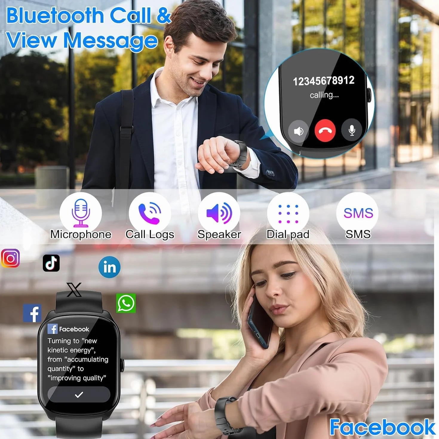 Smartwatch Uomo Donna, 1.95 schermo curvo Orologio watch Chiamate Bluetooth, 110+ Modalità Sportive Fitness watch, Contapassi Sonno Cardiofrequenzimetro, IP68 Smart watch per iOS/Android, Nero