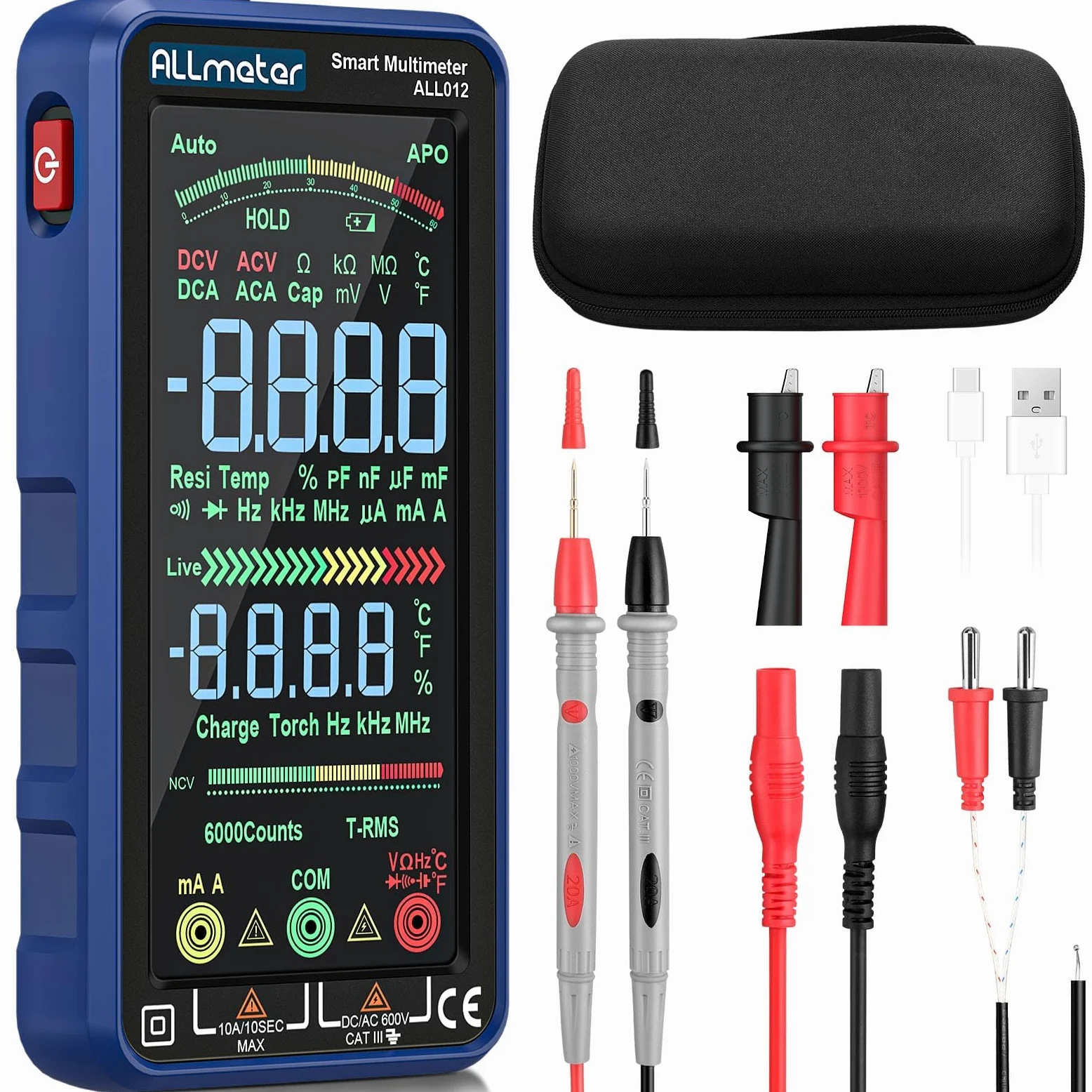 Smart Multimetro a 6000 Conteggi con TRMS, NCV e USB Ricaricabile | Tester Digitale Professionale con Schermo a Colori, Misura Tensione Corrente Capacità Resistenza per Elettricisti e Fai-da-Te