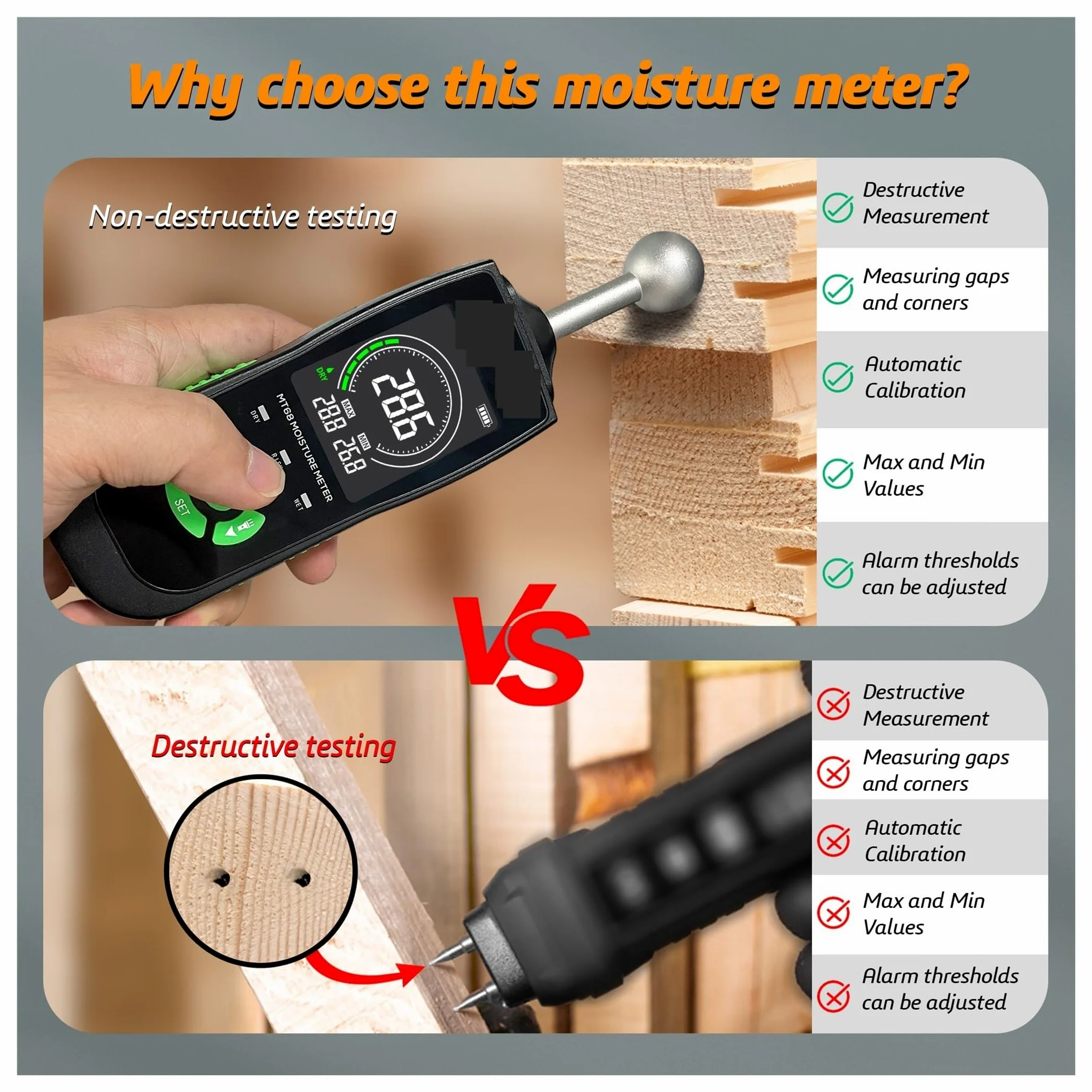 Misuratore di umidità del Legno Digitale MT68 Rilevatore Senza Contatto Schermo LCD Igrometro Allarme Tester Sfere Piccolo Errore