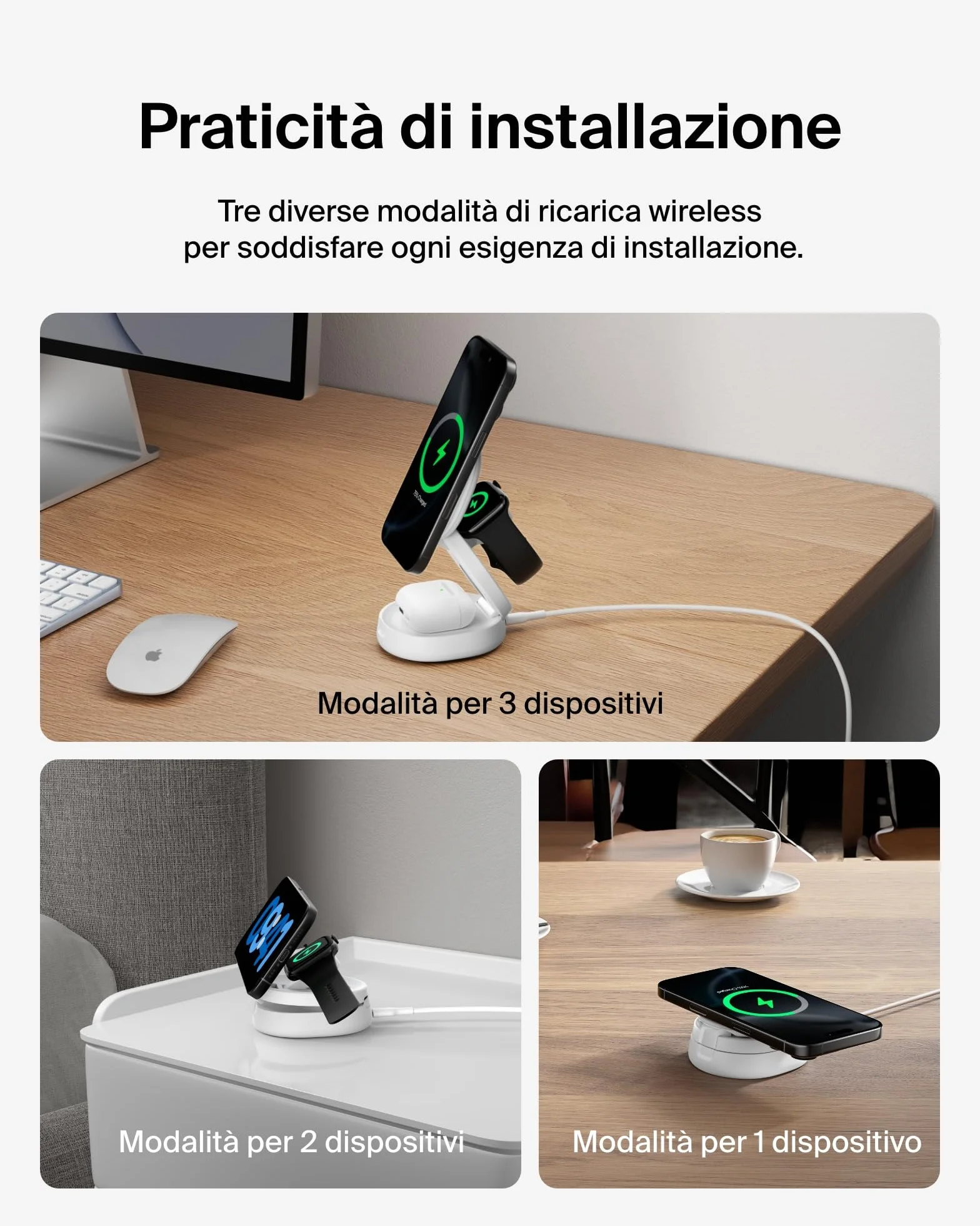 Belkin BoostCharge Caricatore Wireless Compatibile con MagSafe, Stazione di Ricarica wireless 3 in 1, Qi2 15 W per iPhone 17, Air, Apple Watch, AirPods, Pixelsnap, alimentatore da 36W - Bianco
