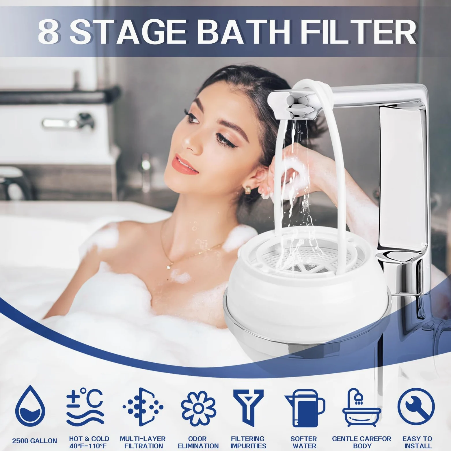 Filtro per vasca da bagno, 8 fasi, filtro per vasca da bagno per rimuovere piombo, cloro e fluoro, 2.500 litri di filtrazione, addolcitore d'acqua, senza BPA