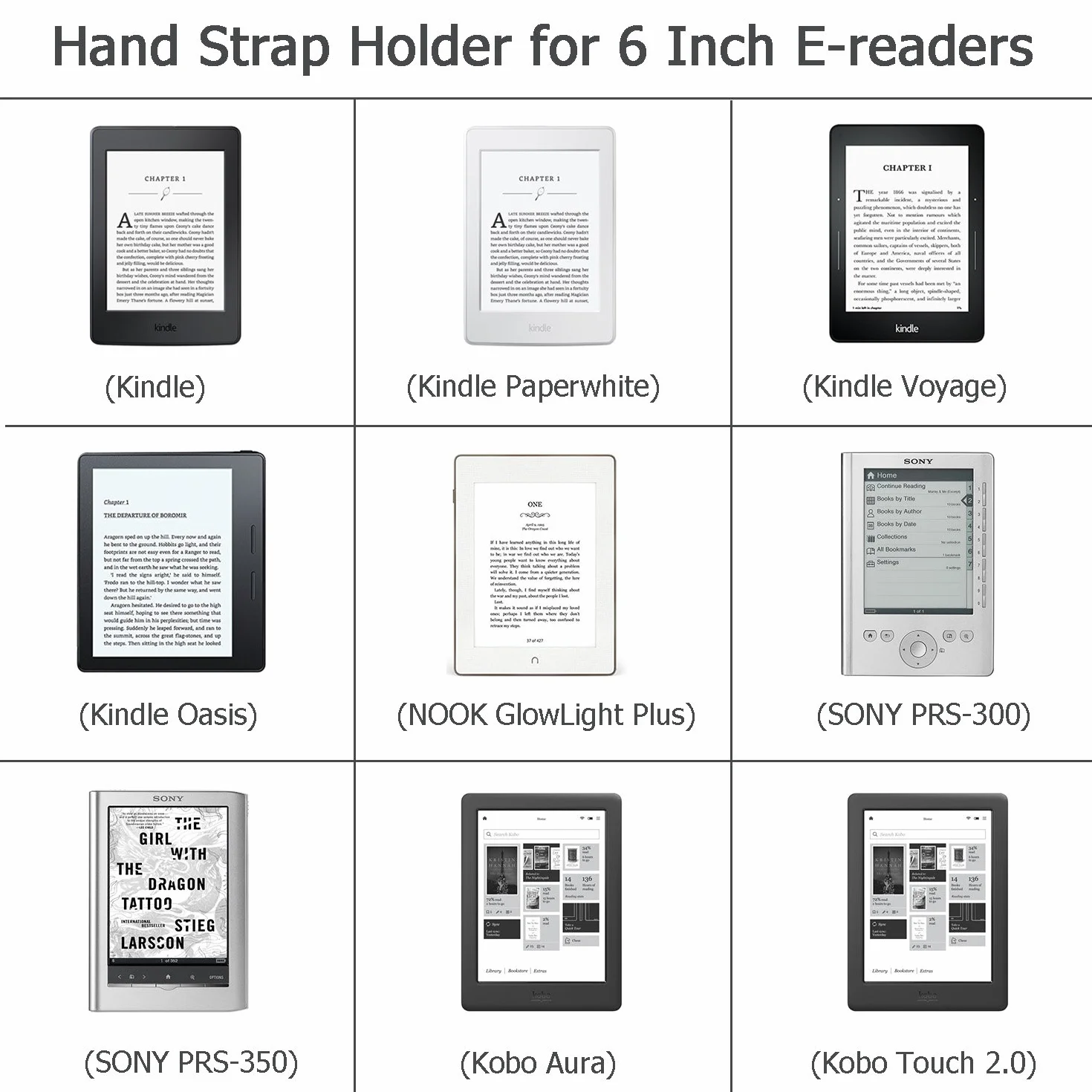 Supporto da polso con impugnatura per Kindle E-reader - Kindle e-reader 6" / Kindle Paperwhite/Kindle Voyage/Kindle Oasis/NOOK GlowLight Plus (grigio)