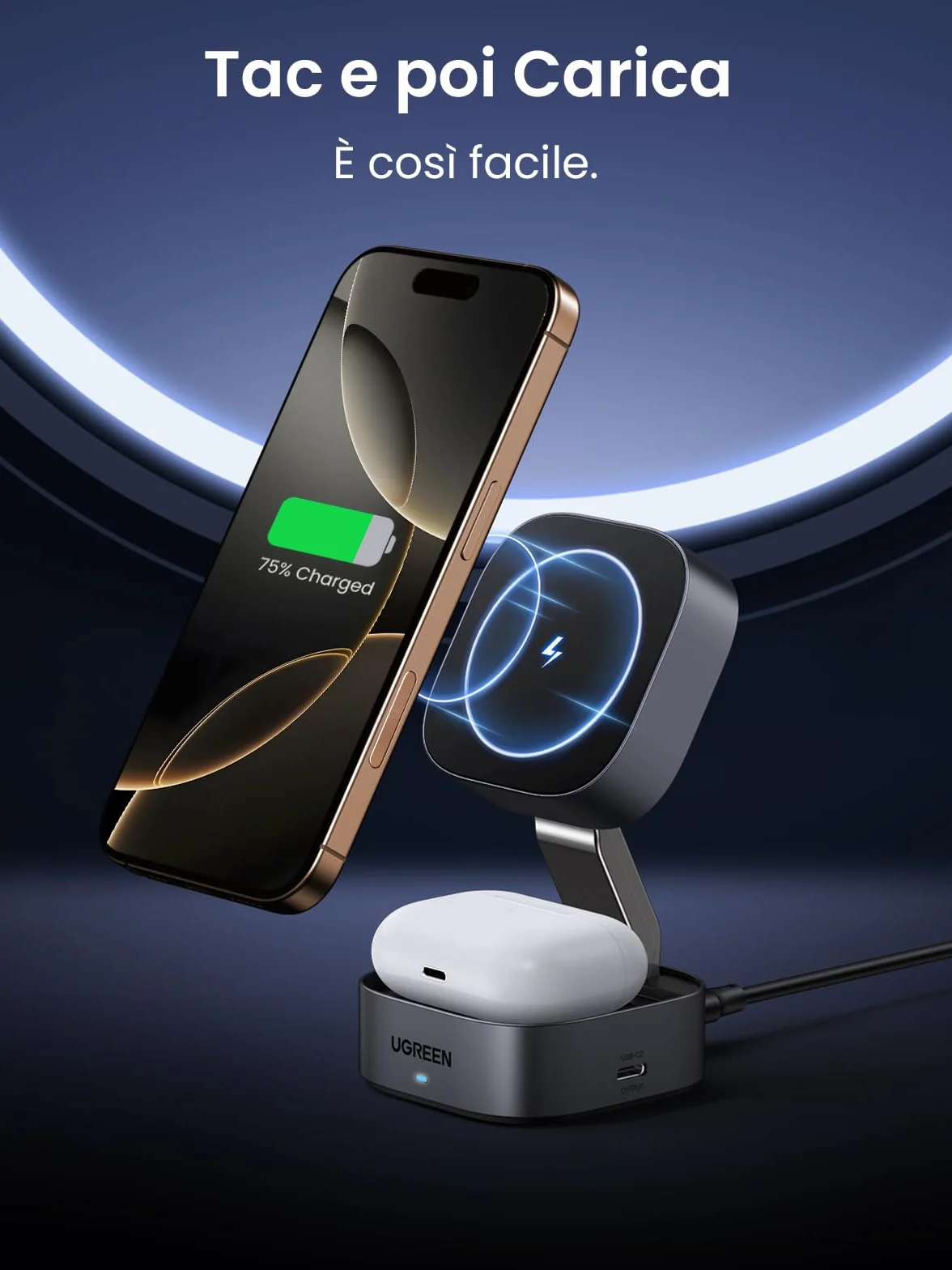 UGREEN MagFlow Caricatore Wireless, Stazione di Ricarica 2 in 1 per Cuffie, Caricabatterie Magnetico Compatibile con iPhone 17 Pro Max Air/16/15/14/13/12, AirPods PRO 2/3