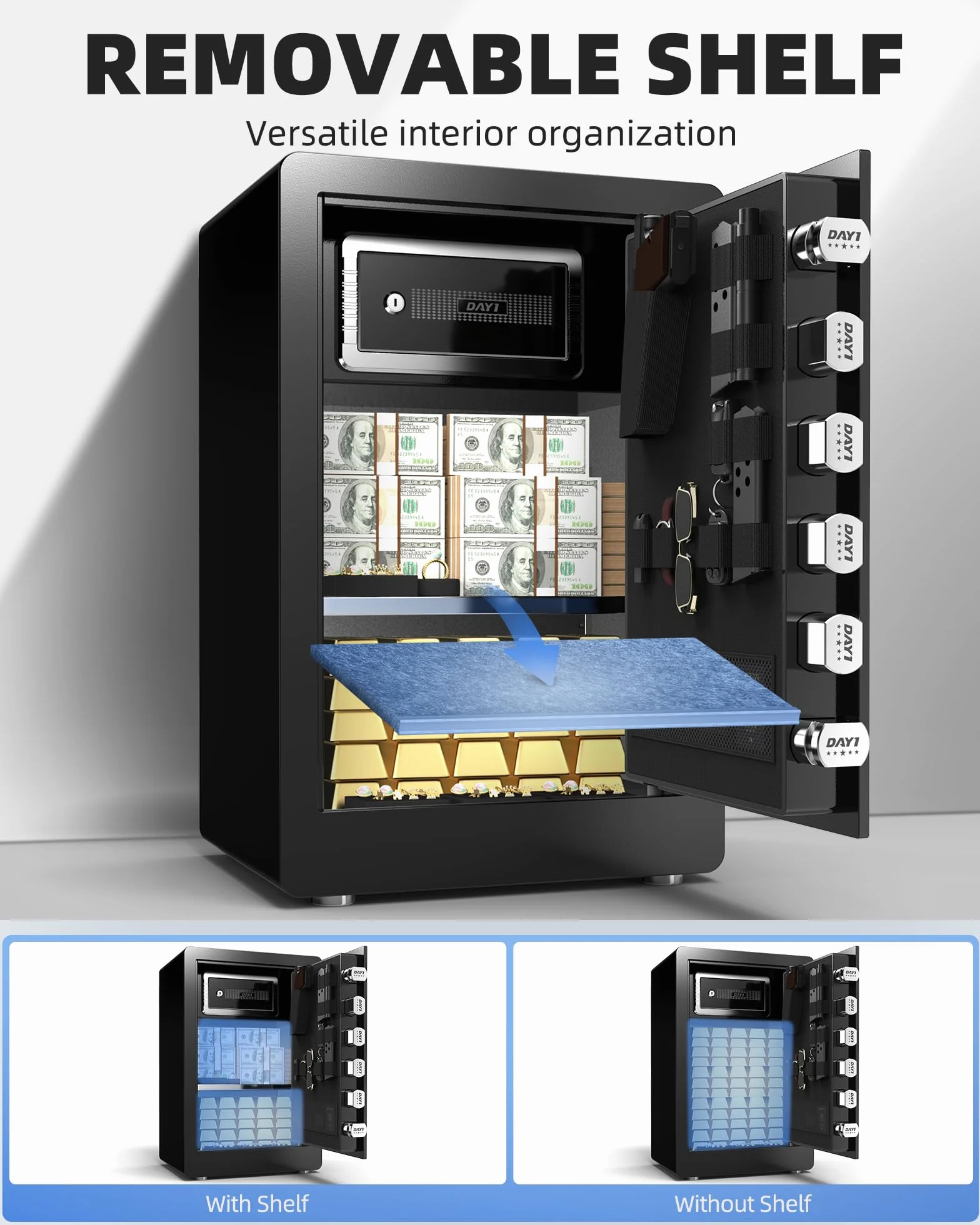 DAYI Cassaforte biometrica per impronte digitali, 3,0 Cu. Ft. Cassaforte domestica con borsa ignifuga, touchpad digitale, cassaforte di sicurezza per denaro, contanti, documenti, doppio sistema di
