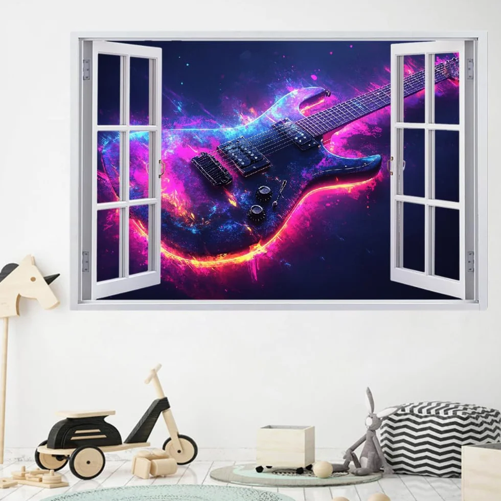Decalcomanie da muro Art 3D Fracassato Chitarra Adesivi murali removibili Arte Astratta Carta da parati Camera da letto autoadesivo per ragazze Camera da letto Nursery Home Decor Gift