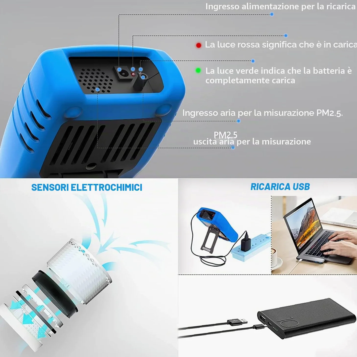 Monitor di qualità dell'aria interno PM2,5/PM10/PM1,0 portatile, WapoRich rilevatore di inquinamento qualità dell'aria rileva la polvere per casa/ufficio/scuole/auto, ricaricabile - RQ-5800M