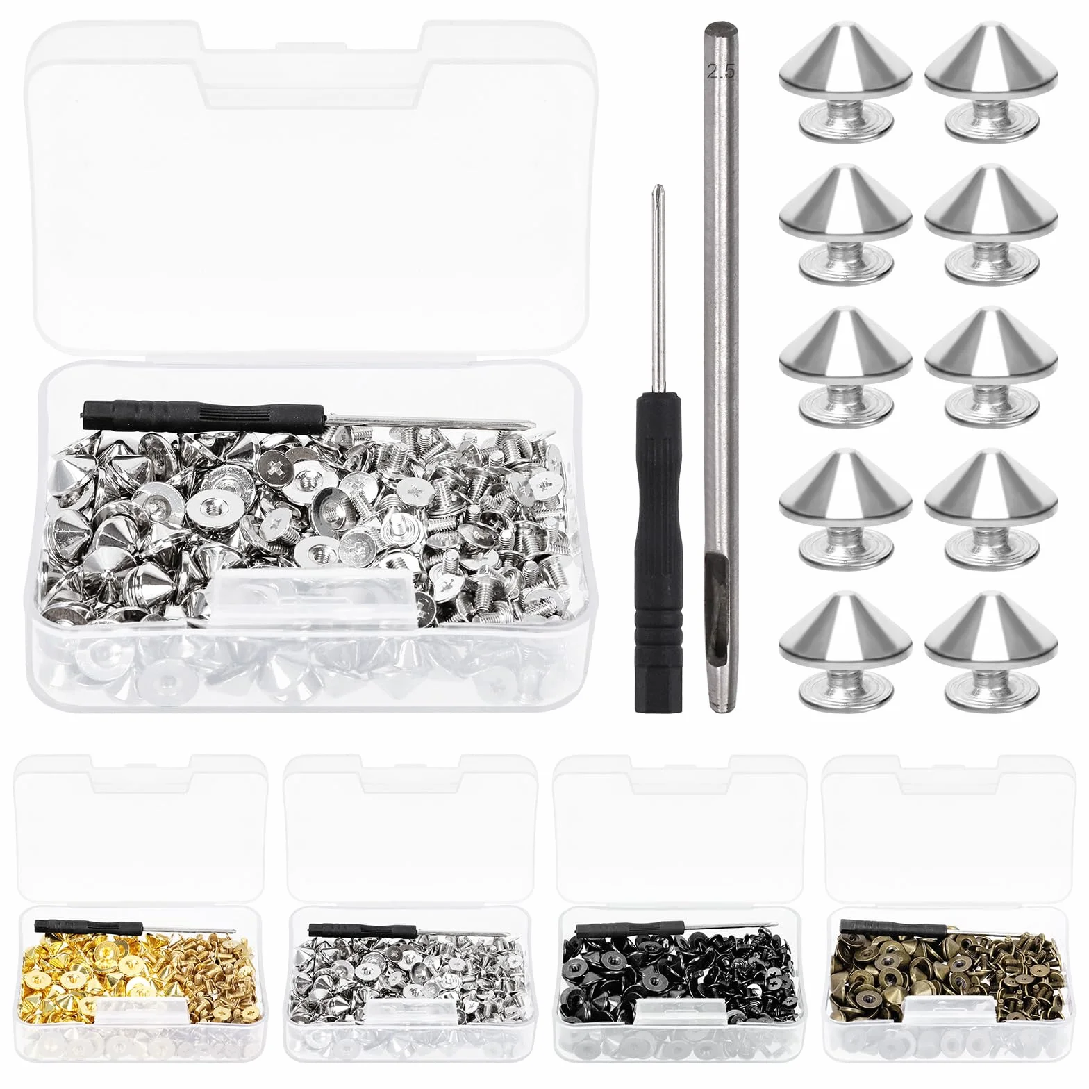 Glarks 100 Sets Silver Cone Spikes e Studs Kit 4.7mm Bullet Spikes Punk Back Studs with Installation Tools Leather Craft Rivets