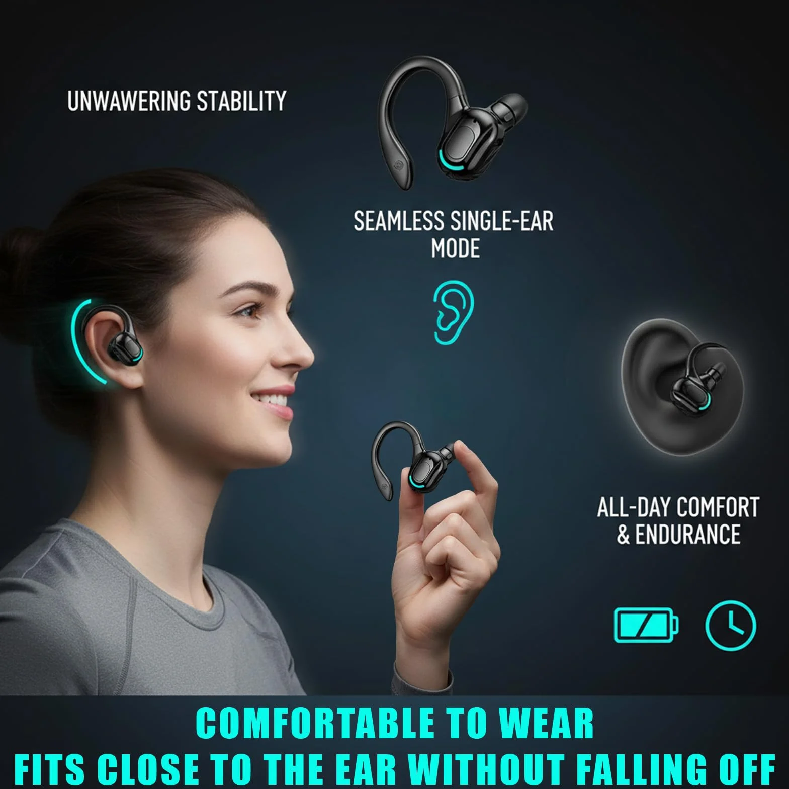 Auricolare mono Bluetooth wireless, durata della batteria di 20 ore, kit vivavoce V5.2 con microfono con cancellazione del rumore per Android, PC, ufficio, sport, auricolare rotante a 360°