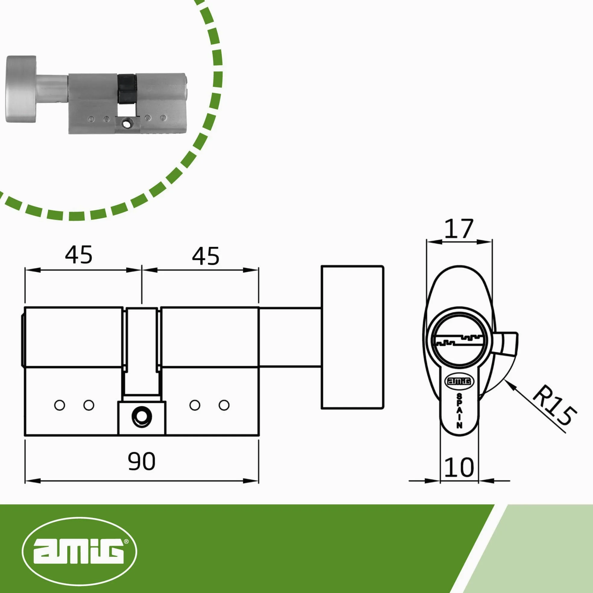 Amig - Cilindro di sicurezza con pomolo | Serratura per porte | Cilindro di Alta Sicurezza | Anti-picking e Anti-bumping | Include 5 chiavi | Cromato Satinato | Misure: 90 (45-45 mm)