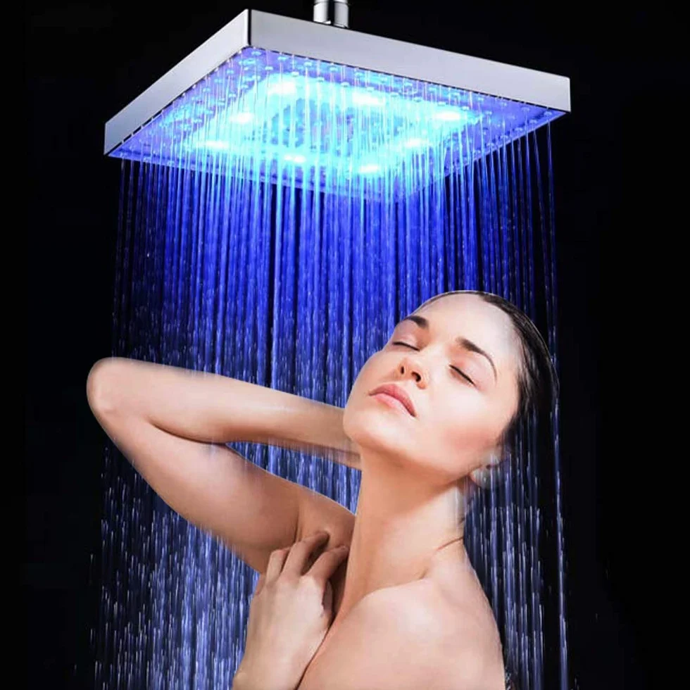 Chesoon Soffione doccia a LED Soffione Doccia a pioggia a risparmio idrico Quadrato ABS cromato facile da installare per il bagno (blu)