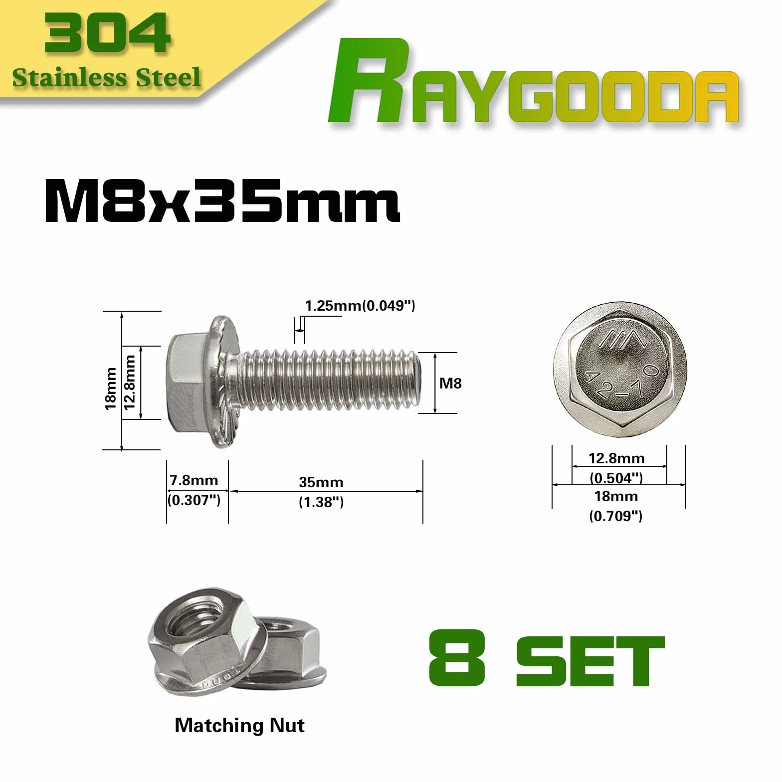 Set Bulloni e Dadi a Flangia M8 1,25 x 35 mm Acciaio Inox 304 A2-70 Flangia Dentata Autobloccante