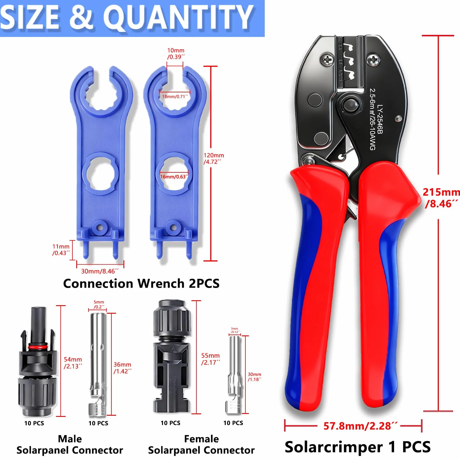 Kit Crimpatura Impianti Fotovoltaici 2.5/4/6 mm² Pinza Crimpatrice Connettori Maschio/Femmina