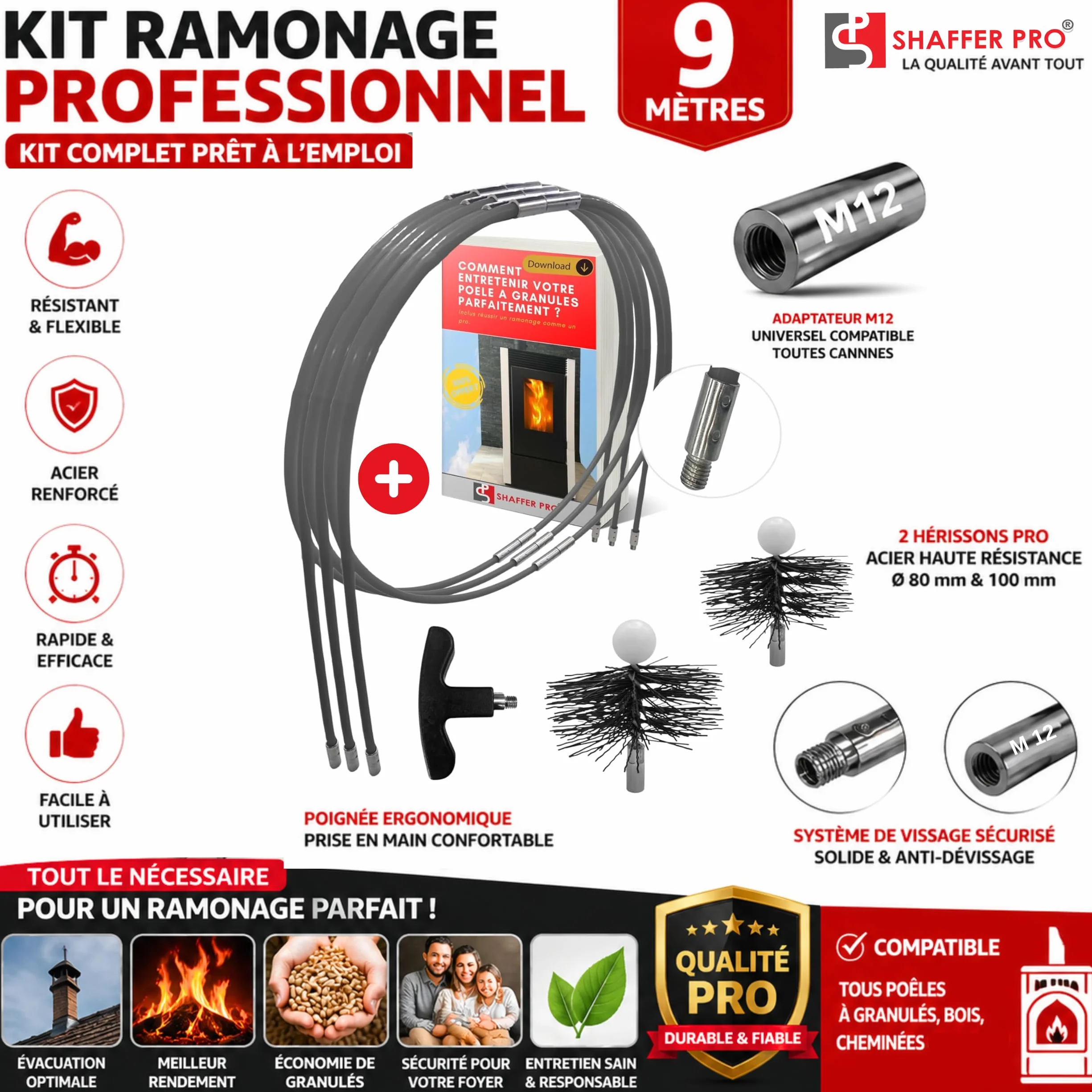kit pulizia canna fumaria stufa a pellet 9 Metri - spazzole 80 mm e 100 mm EASYFLEX [ Ebook da scaricare stufa a pellet] 15 canne spazzacamino flessibile kit pulizia tubi canalizata