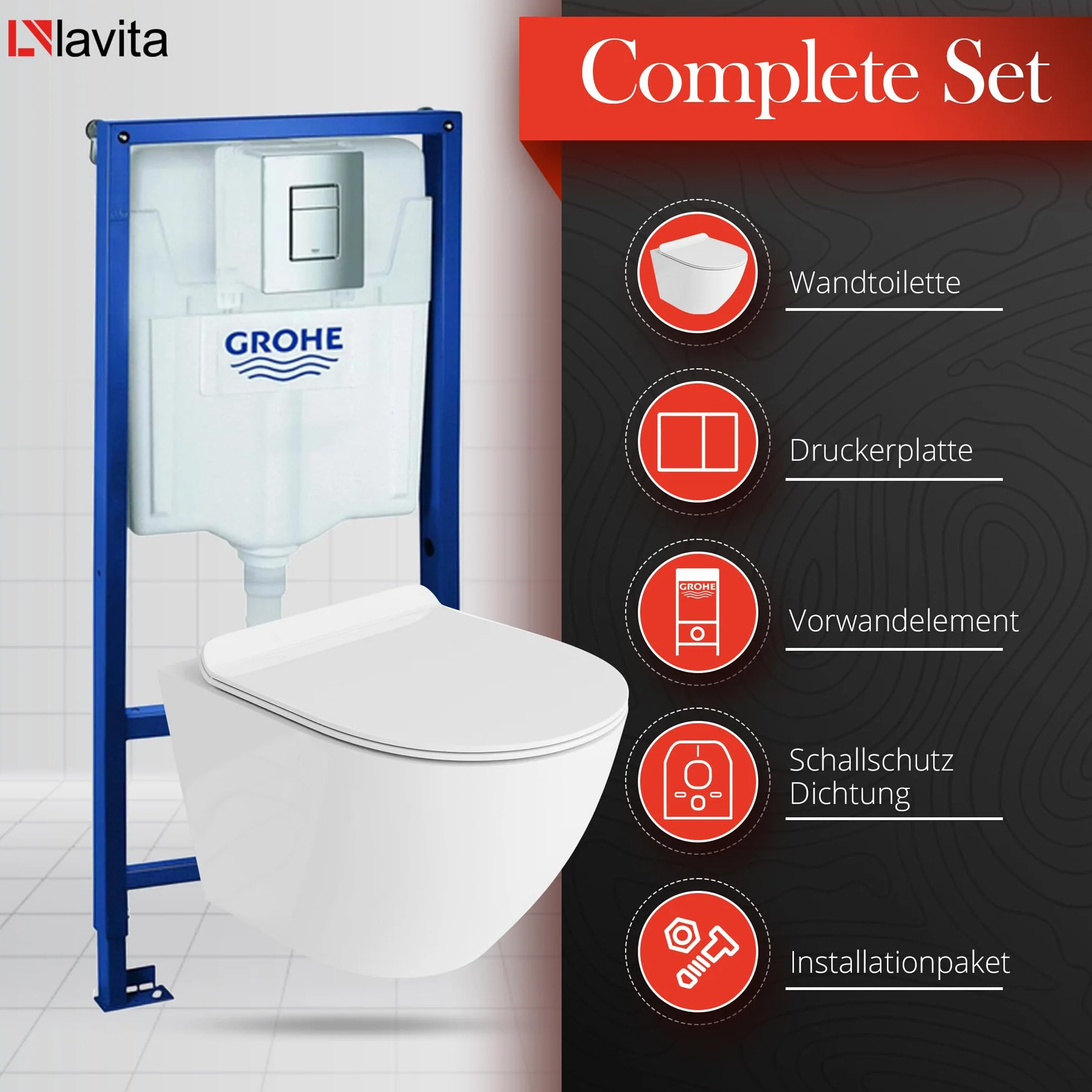 Grohe Elemento zestaw WC: piastra a leva cromata, lavabo Sofi bez obrzeża, sedile WC z cichym domykiem, wspornik ścienny