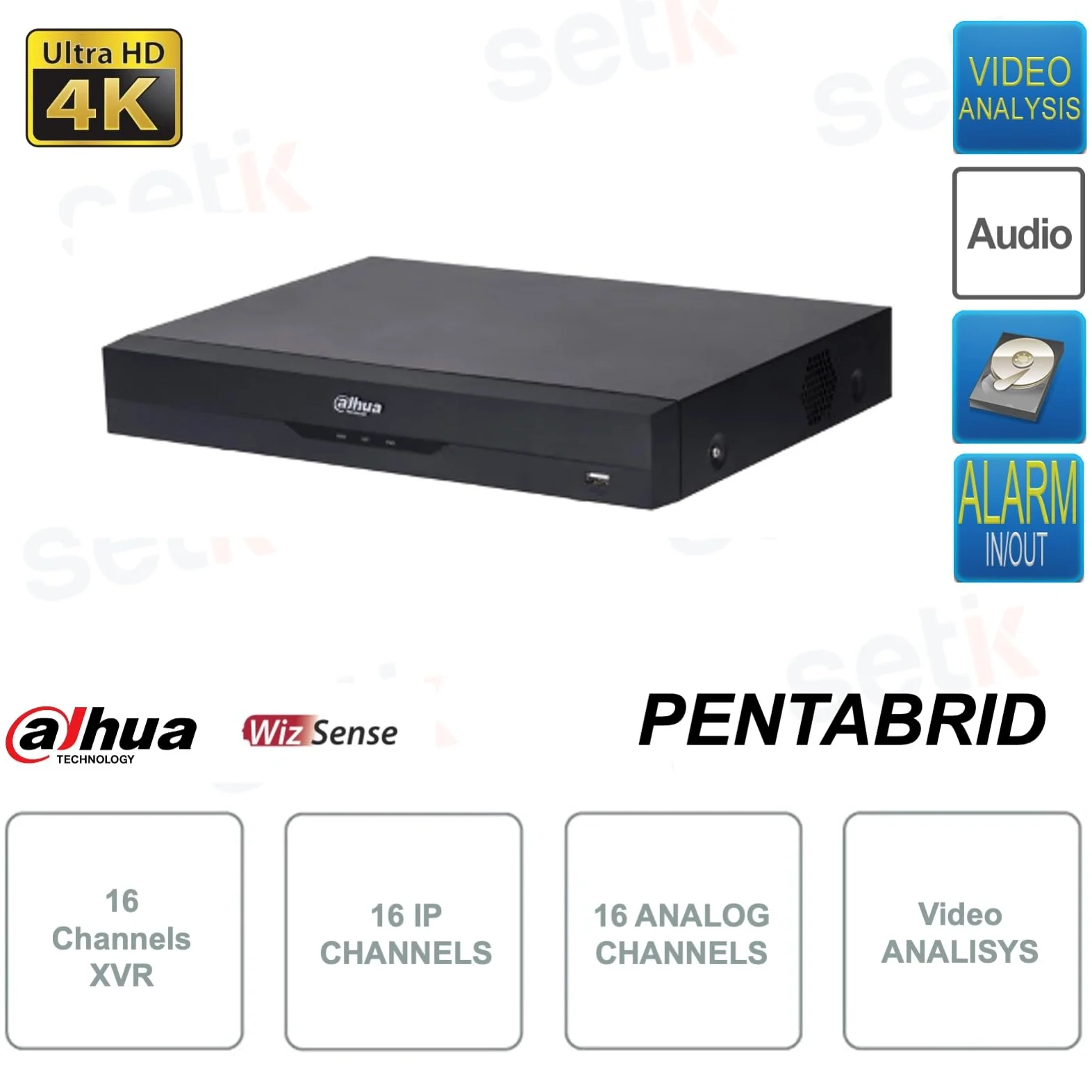 XVR 16 canali 5in1 4K-N - 5MP - 16 canali IP e 16 Canali analogici - Allarme e IOT - Video Analisi - XVR5116HE-4KL-I3