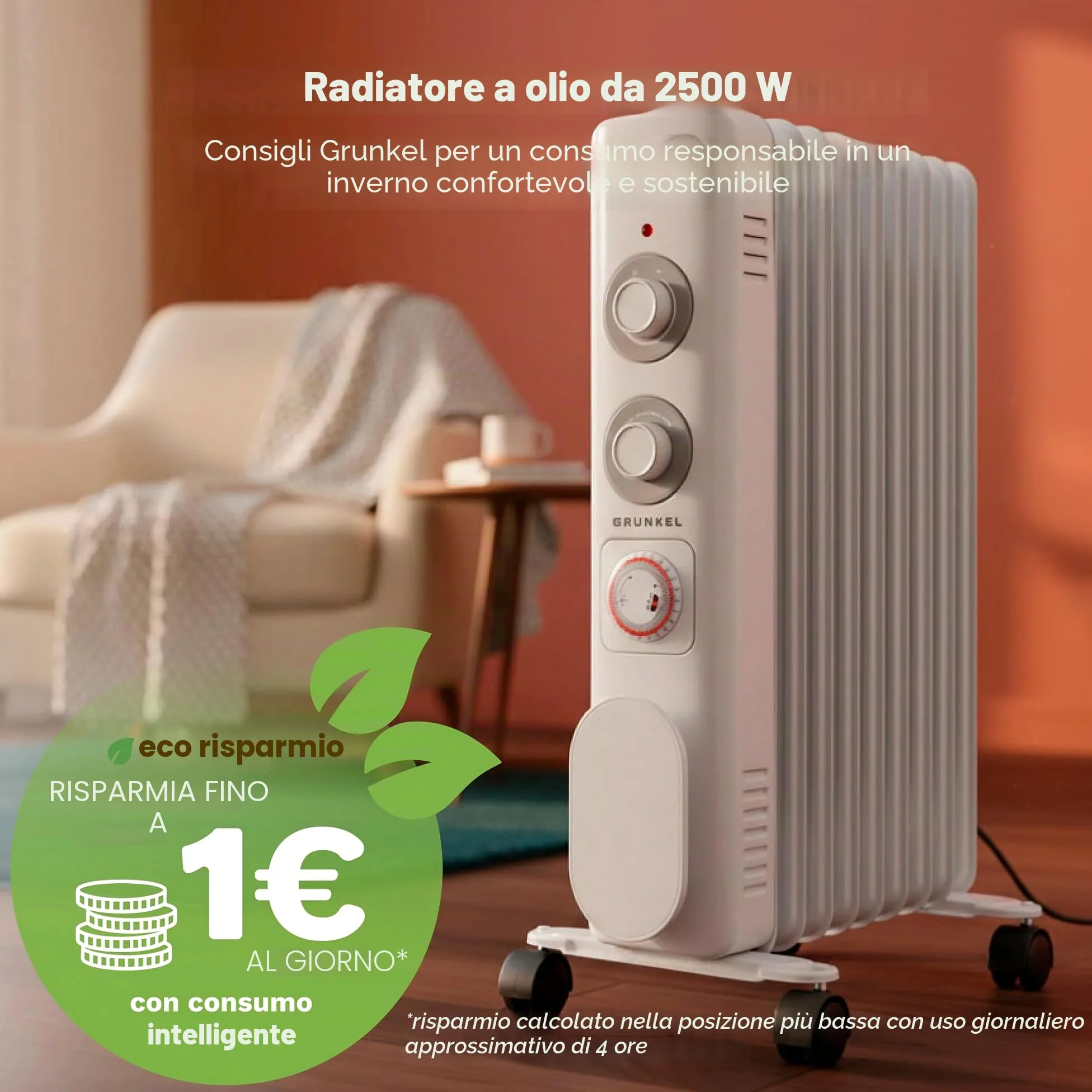 GRUNKEL RD-2000S Radiatore ad olio, 2000 W-2500 W, 9 elementi, 3 livelli di potenza, timer 24 ore, termostato regolabile, ruote multidirezionali