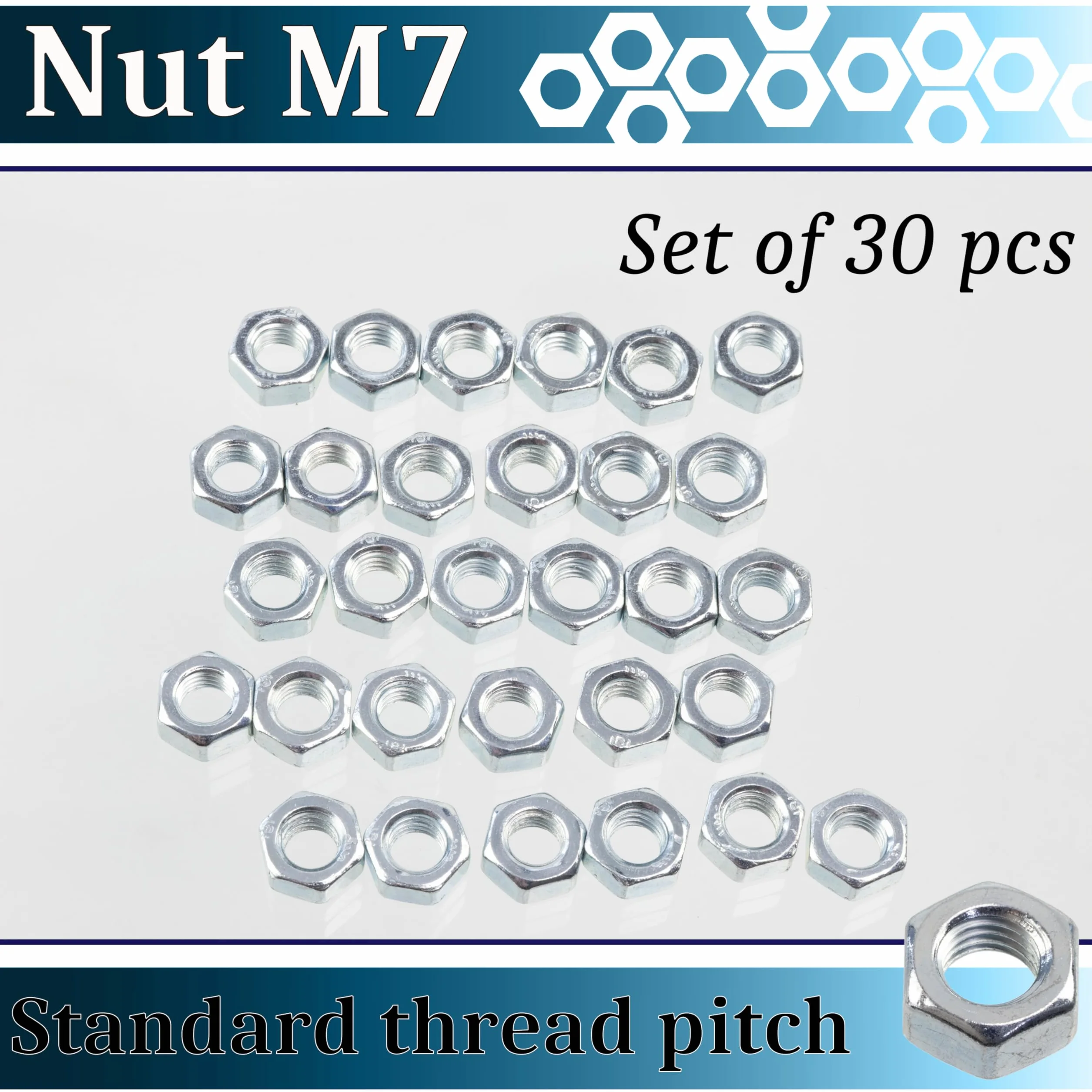 AERZETIX Set 30 Dadi esagonali M7x1mm acciaio zincato argento
