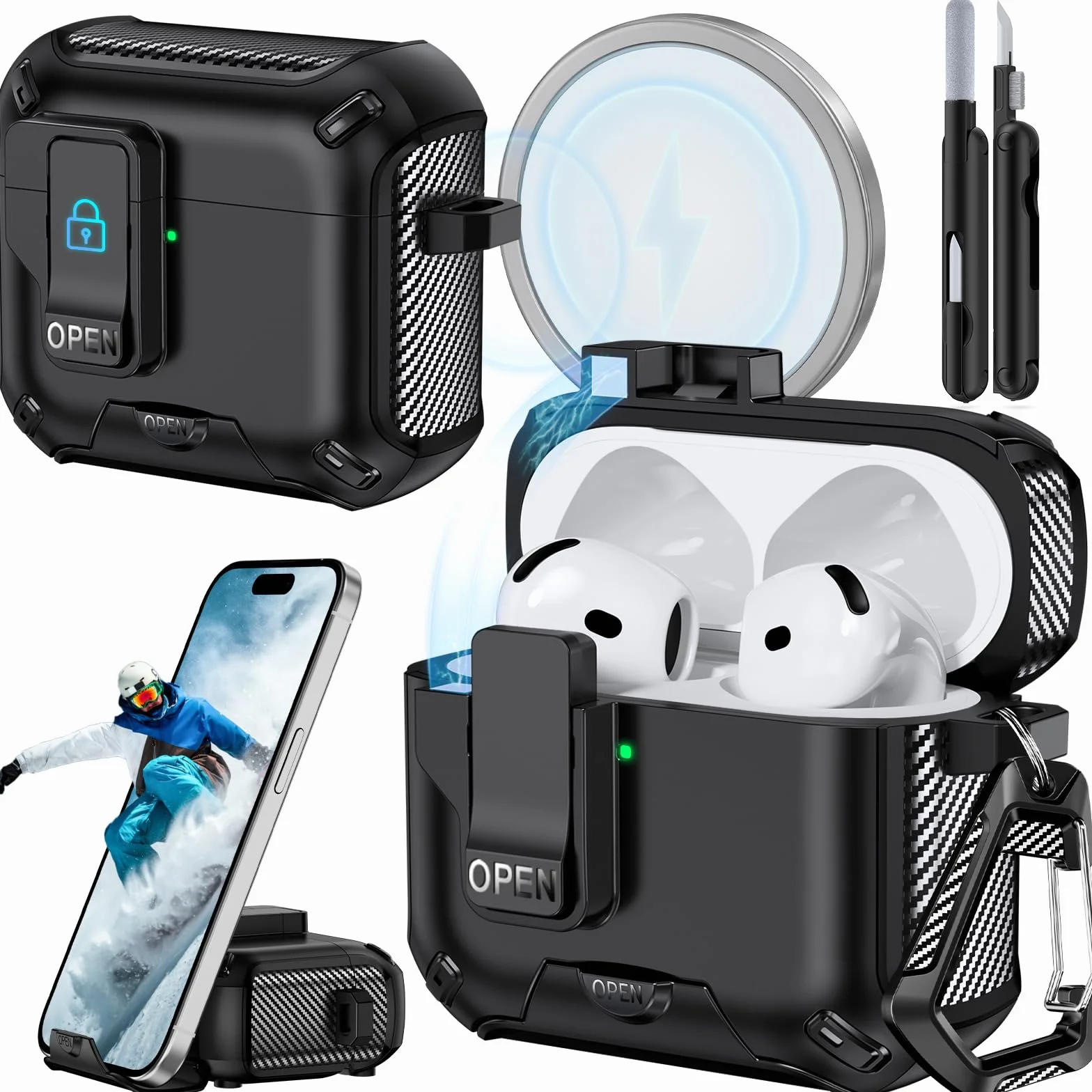 Compatibile con Custodia AirPods 4 con supporto per telefono, Cover in design fibra di carbonio per AirPods 4 versione ANC con chiusura automatica a scatto e pennello per pulizia (Nero) | Autopop - Supporto magnetico posteriore in fibra di carbonio, con p