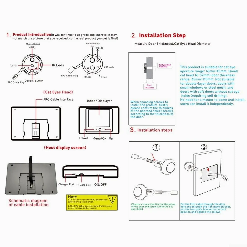 Smart - Telecamera wireless per campanello con schermo LCD HD, telecamera spioncino con rilevamento del movimento PIR, visualizzatore campanello alimentato a batteria per porta d'ingresso