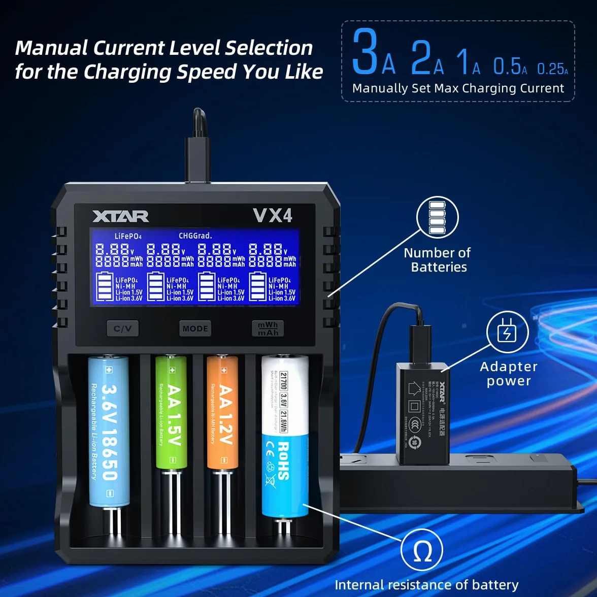 XTAR Caricabatteria VX4, tester di capacità, 3.6/3.7V Li-ion, 1.5V Li-ion, 1.2V Ni-MH, 3.2V LiFePO4 compatibile, schermo LCD, protezione da sovra-scarica