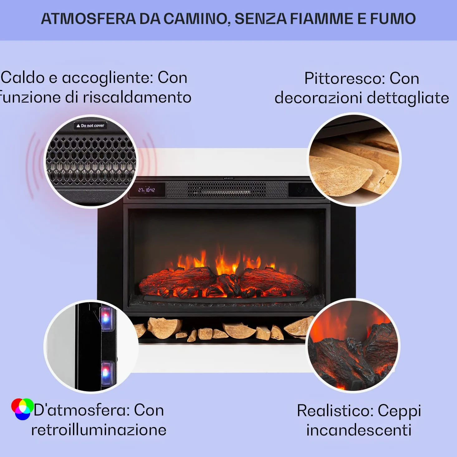 Klarstein Camino Elettrico Basso Consumo, con Mensola, da Parete, Caminetto Finto da Terra, 1900W, Decorativo con LED, Telecomando, Timer, Controllo Temperatura