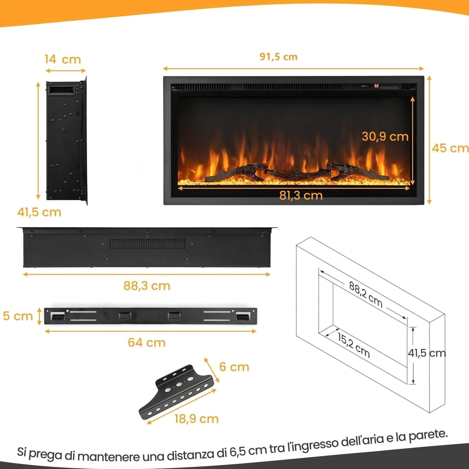 RELAX4LIFE Camino Elettrico e Termocamino Elettrico 750W/1500W, Temperatura 18-28ºC e Timer 1-8 ore con Telecomando, Fiamma Realistica in 9 Colori e 5 Luminosità, 91,5 x 14 x 45 cm