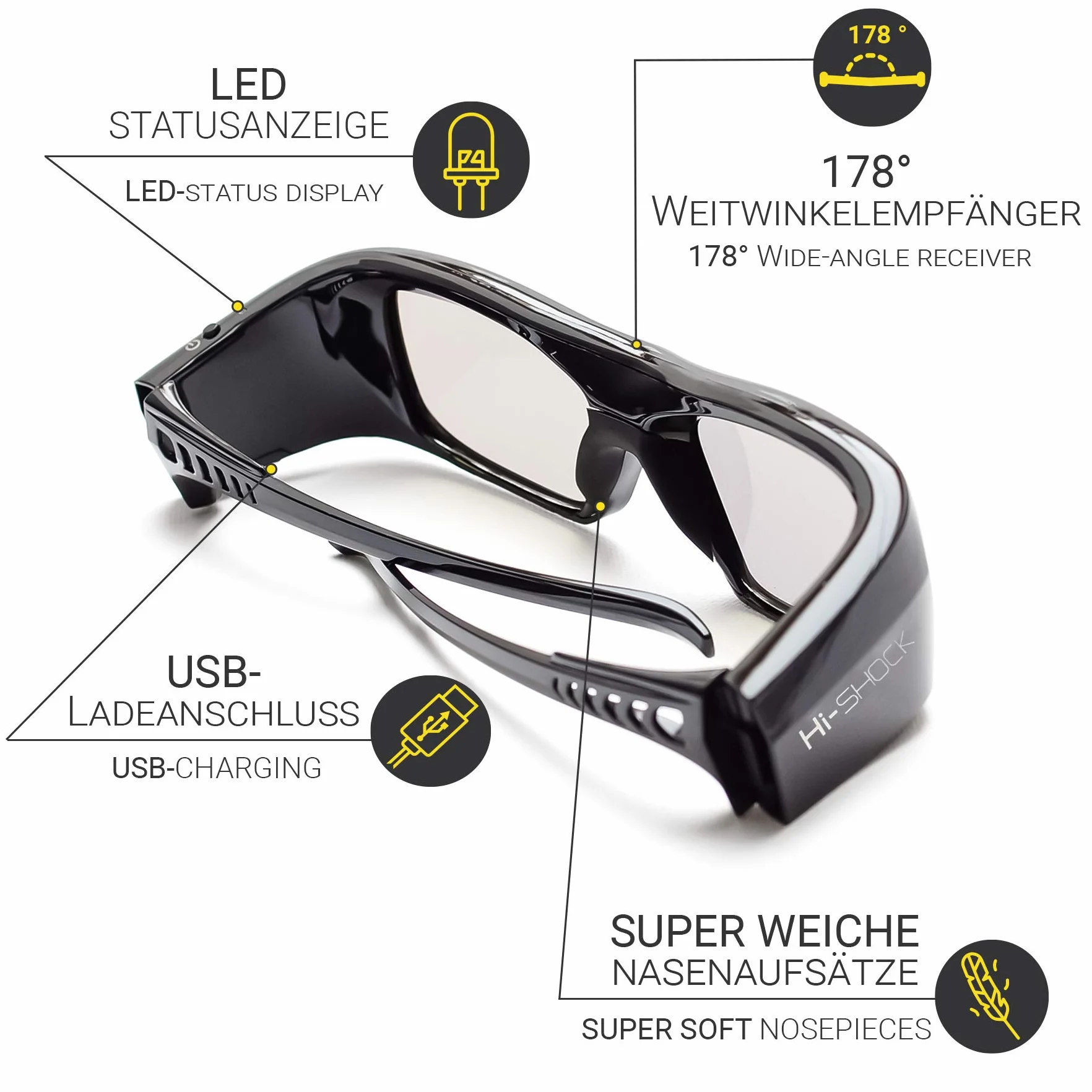 Hi-SHOCK BT/RF Pro Black Diamond | Occhiali 3D Bluetooth per proiettori 3DTV e 3D-RF. Compatibili con Sony, Jvc, Samsung, Panasonic - 120 Hz - ricaricabili - 39g