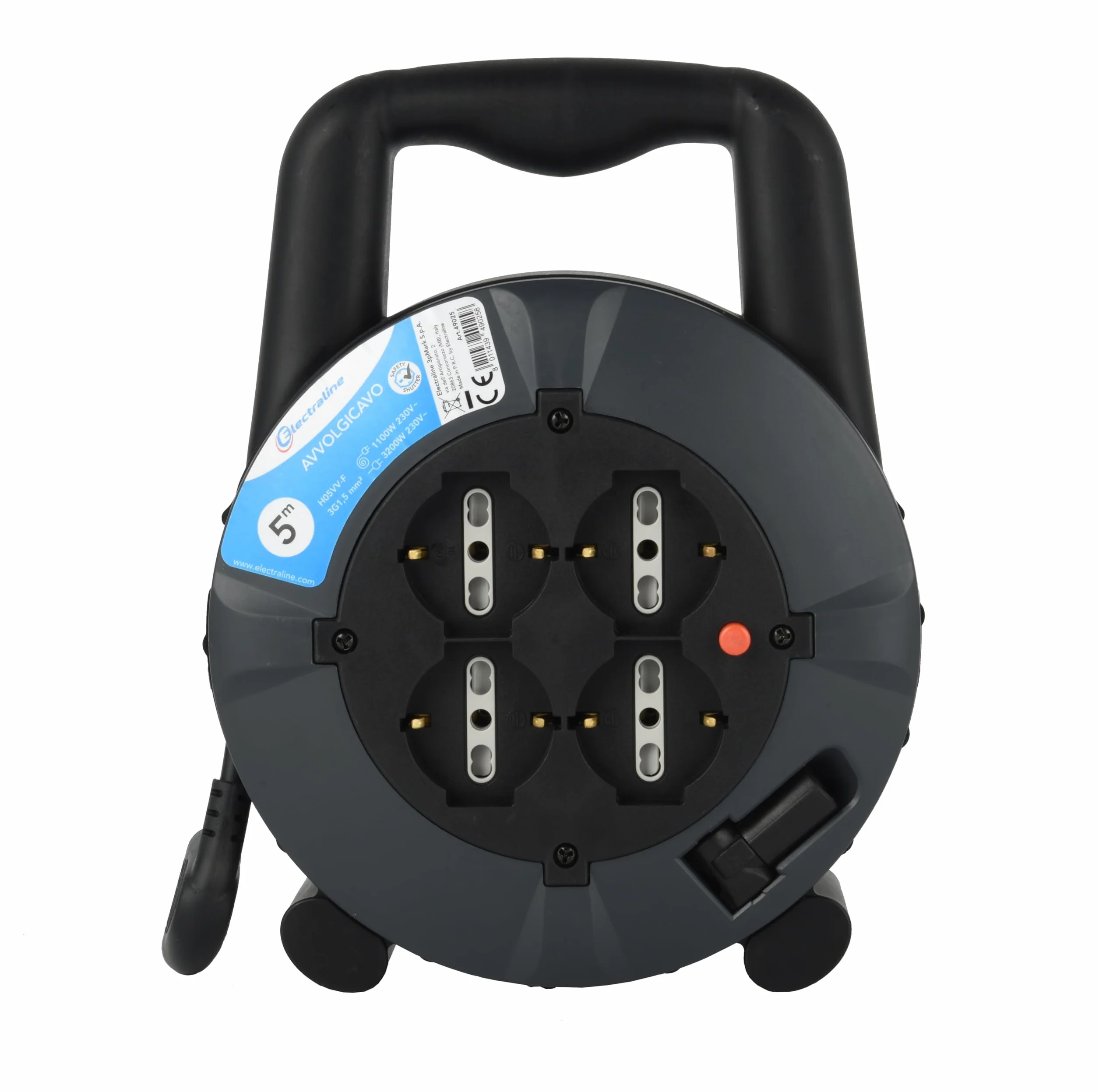 Electraline 49025 Prolunga Elettrica con Avvolgicavo 5 mt, 4 Prese Polivalenti (Schuko + 10/16A), Spina 16A, Sezione Cavo 3G1,5 mm², Grigio/Nero