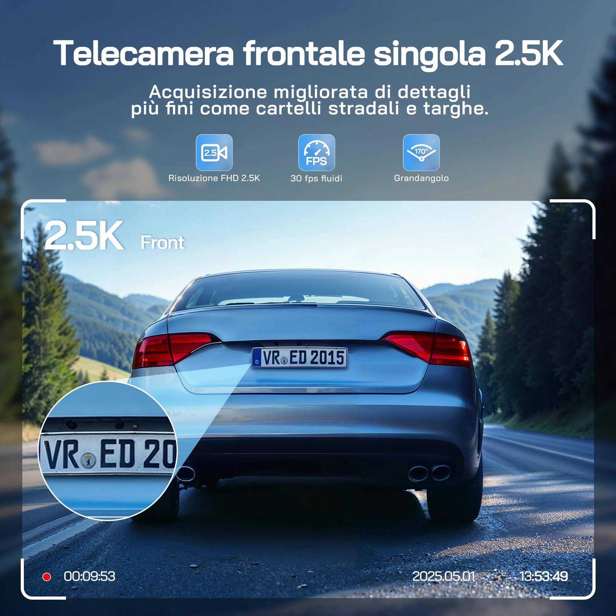 WOLFANG Dash Cam Auto 1440P, WiFi Dashcam per Auto con Scheda SD 32G, Telecamera Auto 170° Grandangolo, Visione Notturna,G-Sensor, WDR, Monitor di Parcheggio, Registrazione in Loop