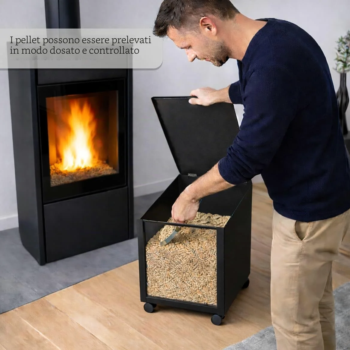 MS Beschläge Pellet Box in metallo nero con ruote e parabrezza, contenitore mobile per pellet con coperchio, per stufa a pellet e camino, robusto carrello a pellet per pellet di legno fino a 35 kg