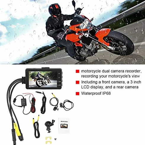 Telecamere per motociclette DVR, Registratore video moto con doppia lente 1080P/480P, IP68 impermeabile, LCD 3 pollici