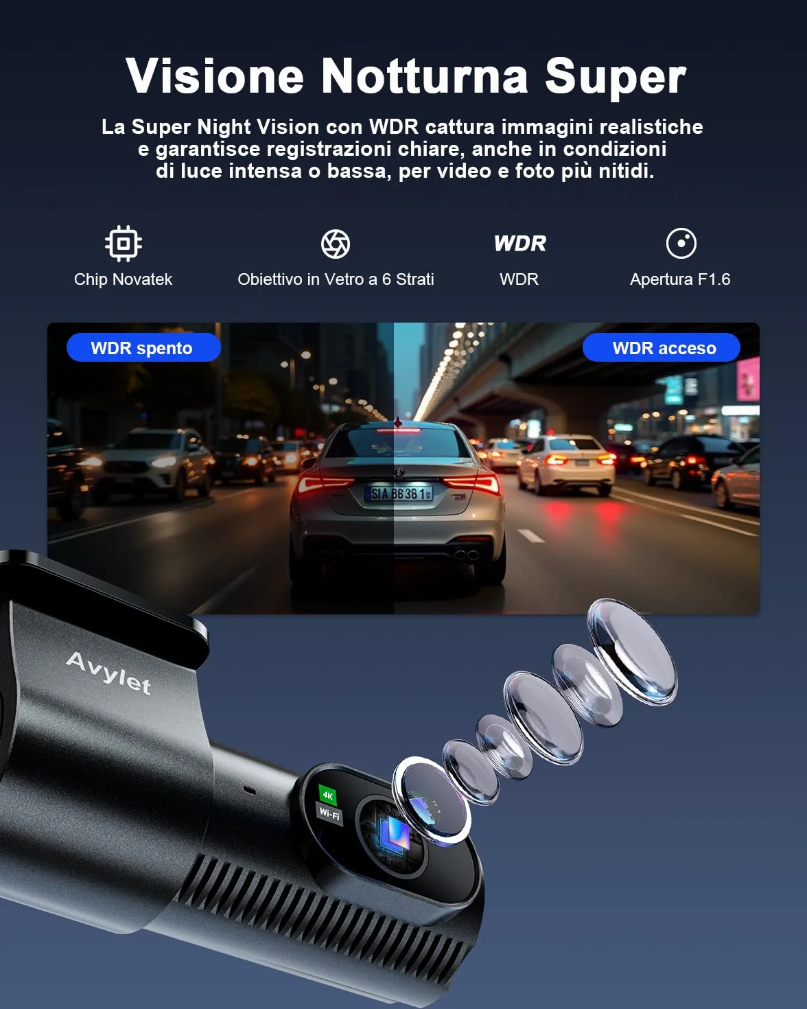 Avylet Dash Cam Auto 4K+1080P Anteriore e Posteriore, Schermo da 1,5", WiFi 5GHz, Grandangolo 170°+150°, Visione Notturna, Modalità Parcheggio 24H, WDR, App, G-Sensor, Loop, Supporta 256GB
