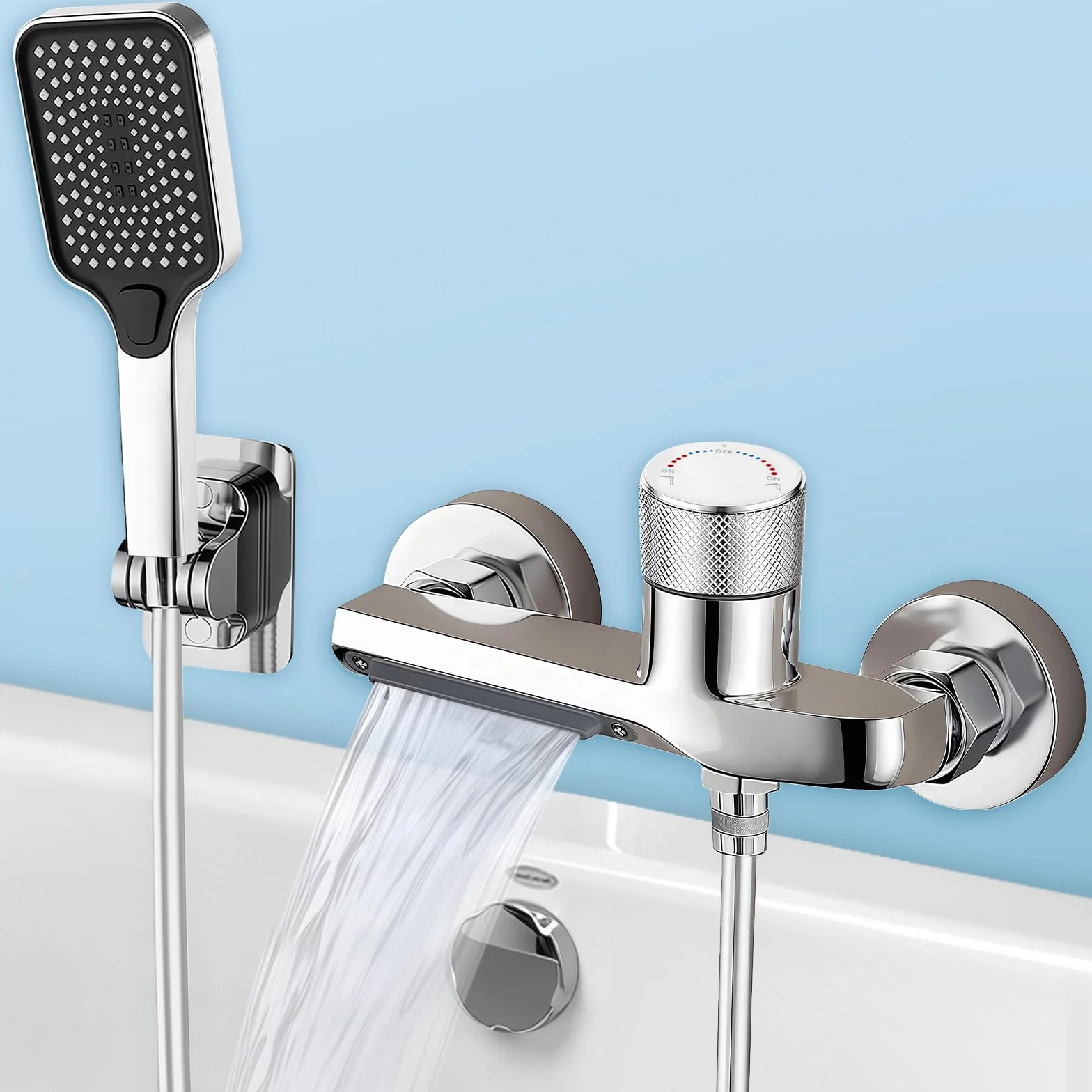 Rubinetto Vasca da Bagno Parete a Cascata con Doccetta 3 Funzioni, Tubo 1,5m, Miscelatore Ottone Antiperdite, Attacco G1/2 per Bagno, Cromato per Vasca da Bagno