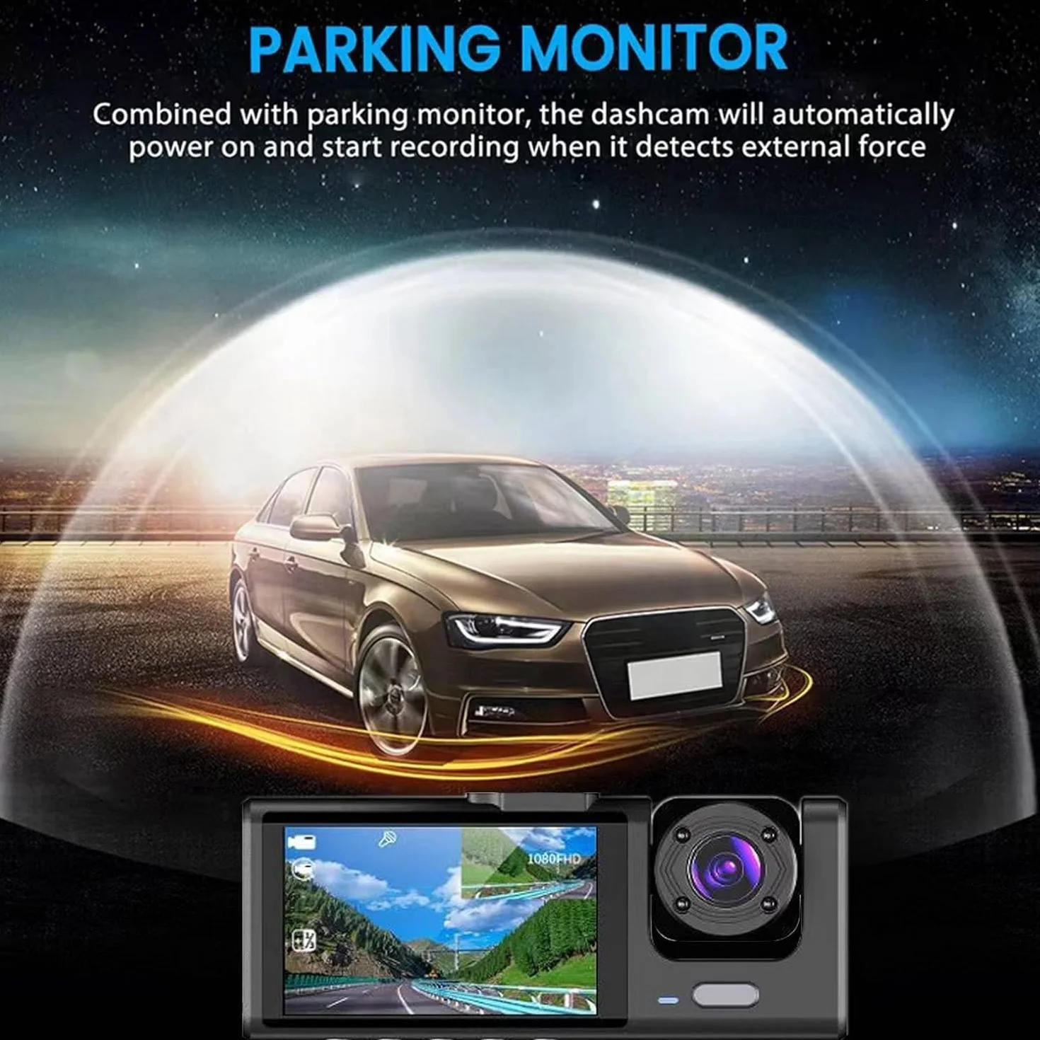 Dash Cam Auto 3 Lenti Full HD 1080P, Tripla Videocamera Frontale + Abitacolo + Posteriore, Visione Notturna, Monitoraggio Parcheggio 24H, Display Integrato, Installazione Facile con Supporto Ventosa
